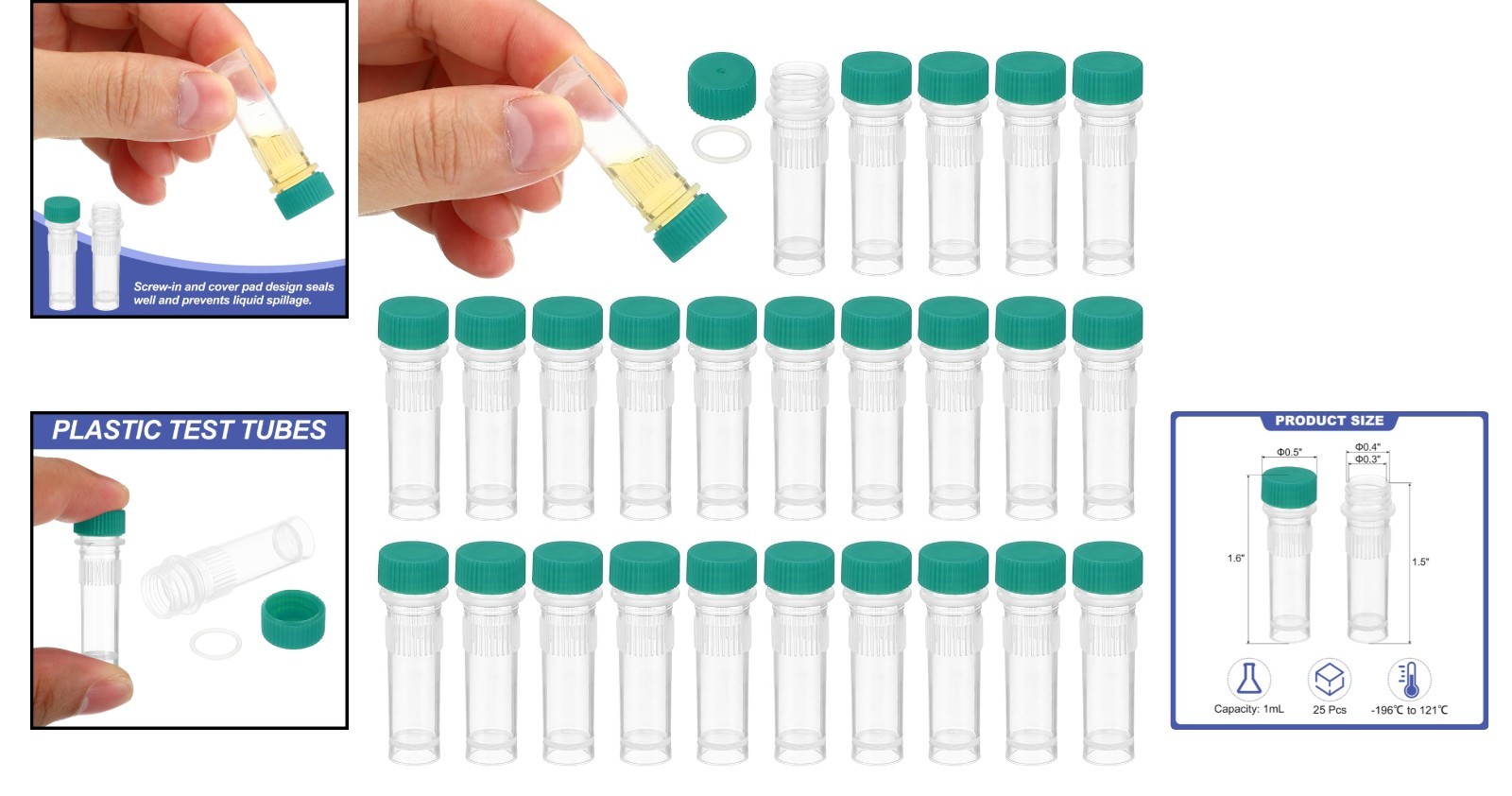 Self-Standing Cryogenic Tubes, 25 X 1ml with Green Caps for Safe Storage