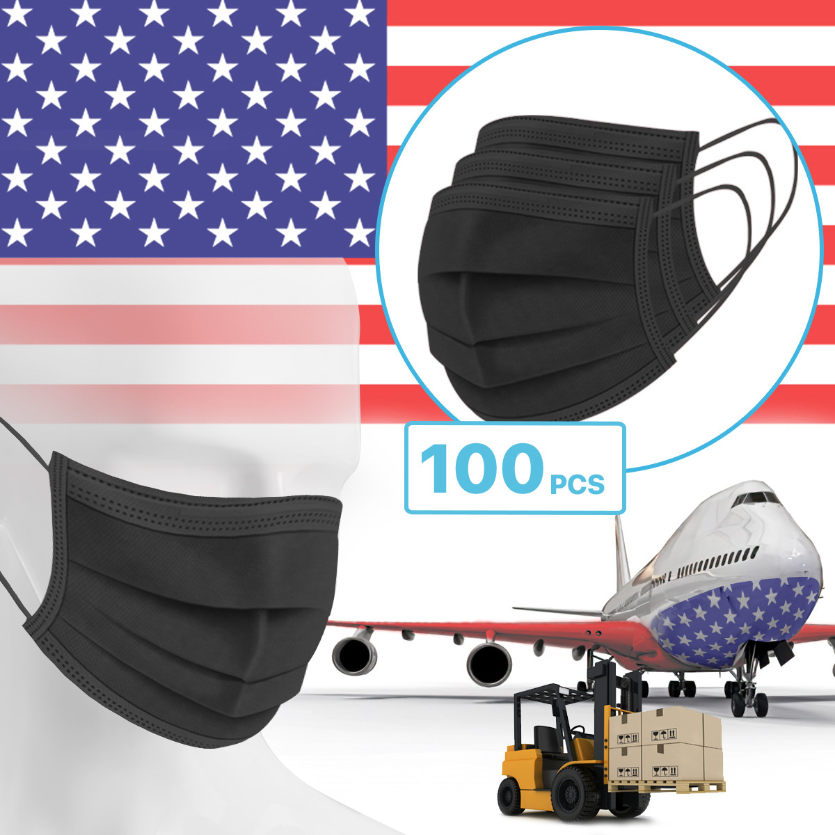 100 Packs – Black 3-Ply Disposable Procedural Face Mask Protective Mouth Cover