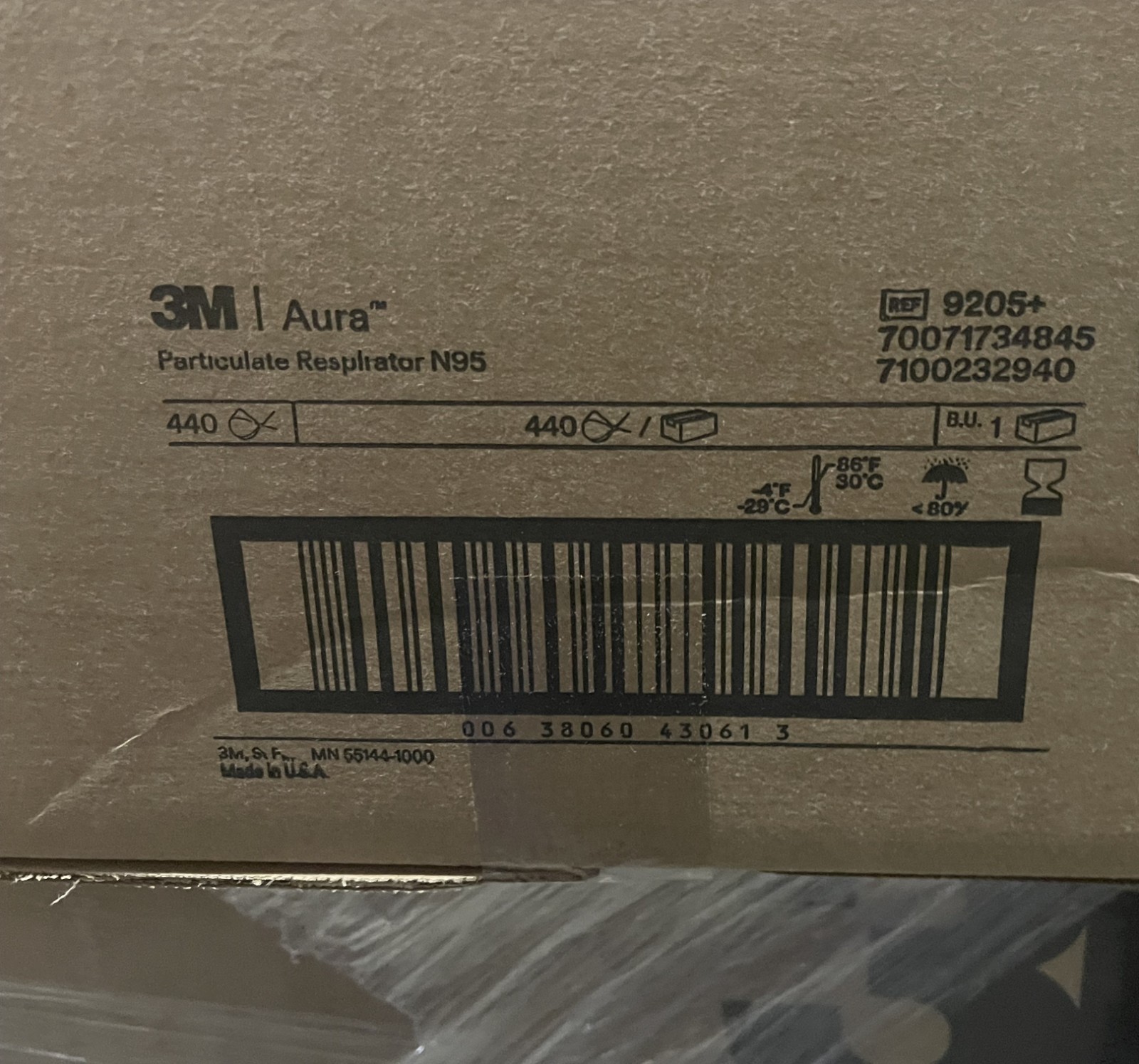 Case of 440 3M Aura 9205+ N95 NIOSH Approved Particulate Respirator Masks