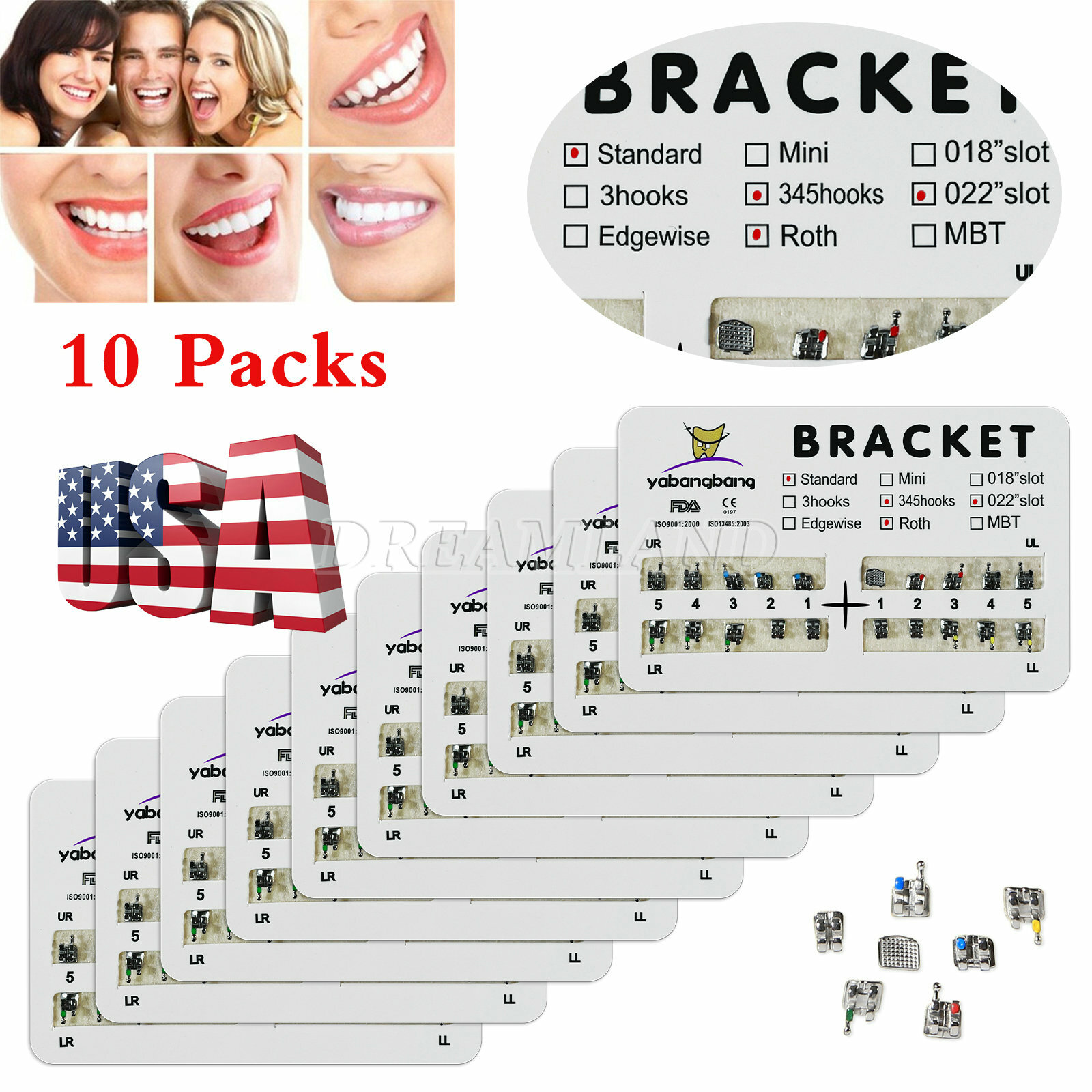 Orthodontic Dental Brackets Braces Mini Standard Roth MBT.022 345 3 Hooks