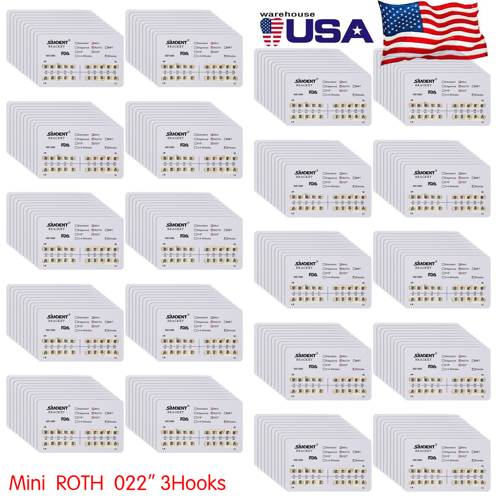 10-200 Packs SANDENT Dental Orthodontic Brackets Brace Mini Roth.022 3Hooks st