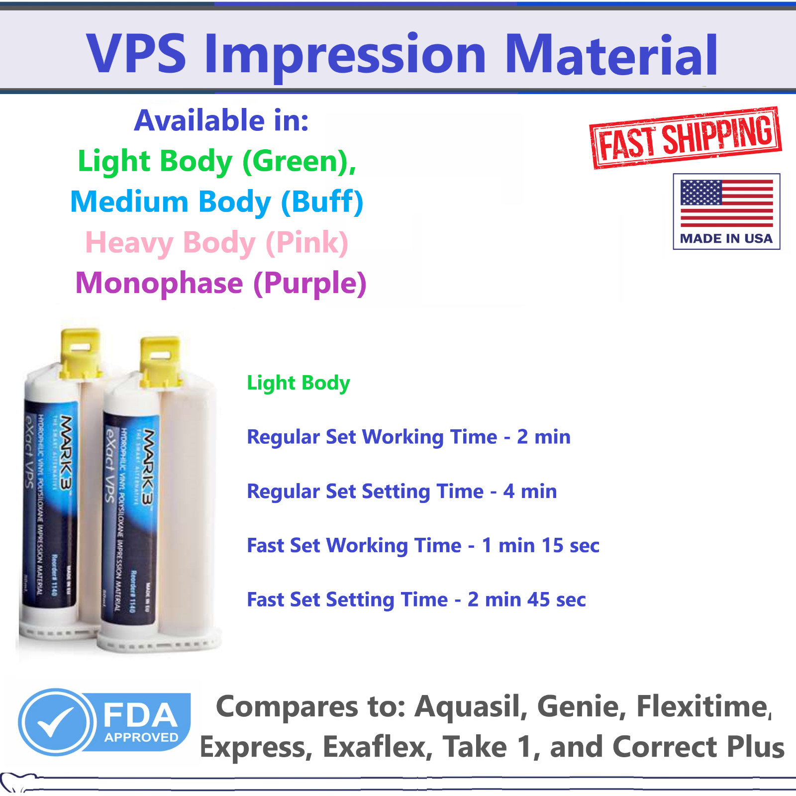Dental Heavy Body Fast Set VPS Impression Material Medium Body Regular Set 50Ml