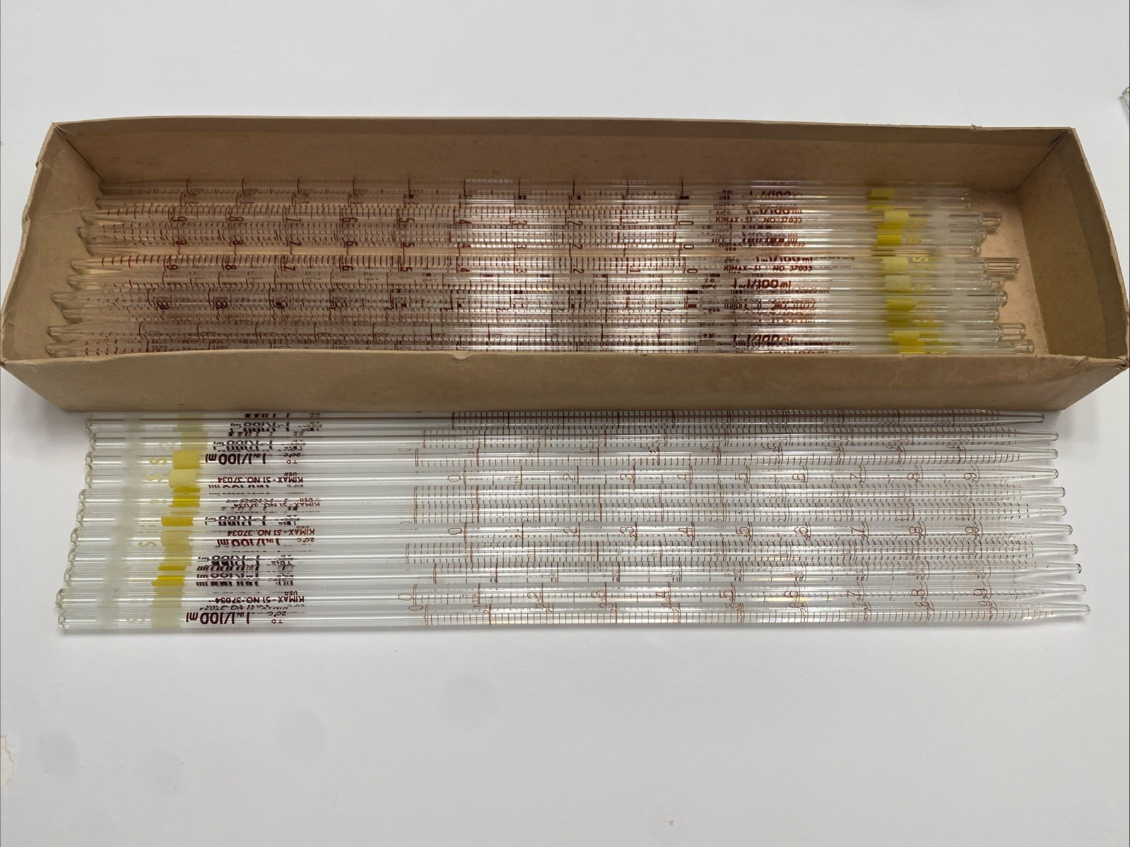 Lot Of 44 Mixed Kimble Kimax Glass Pipettes Pipets Various Sizes 37033, 37034