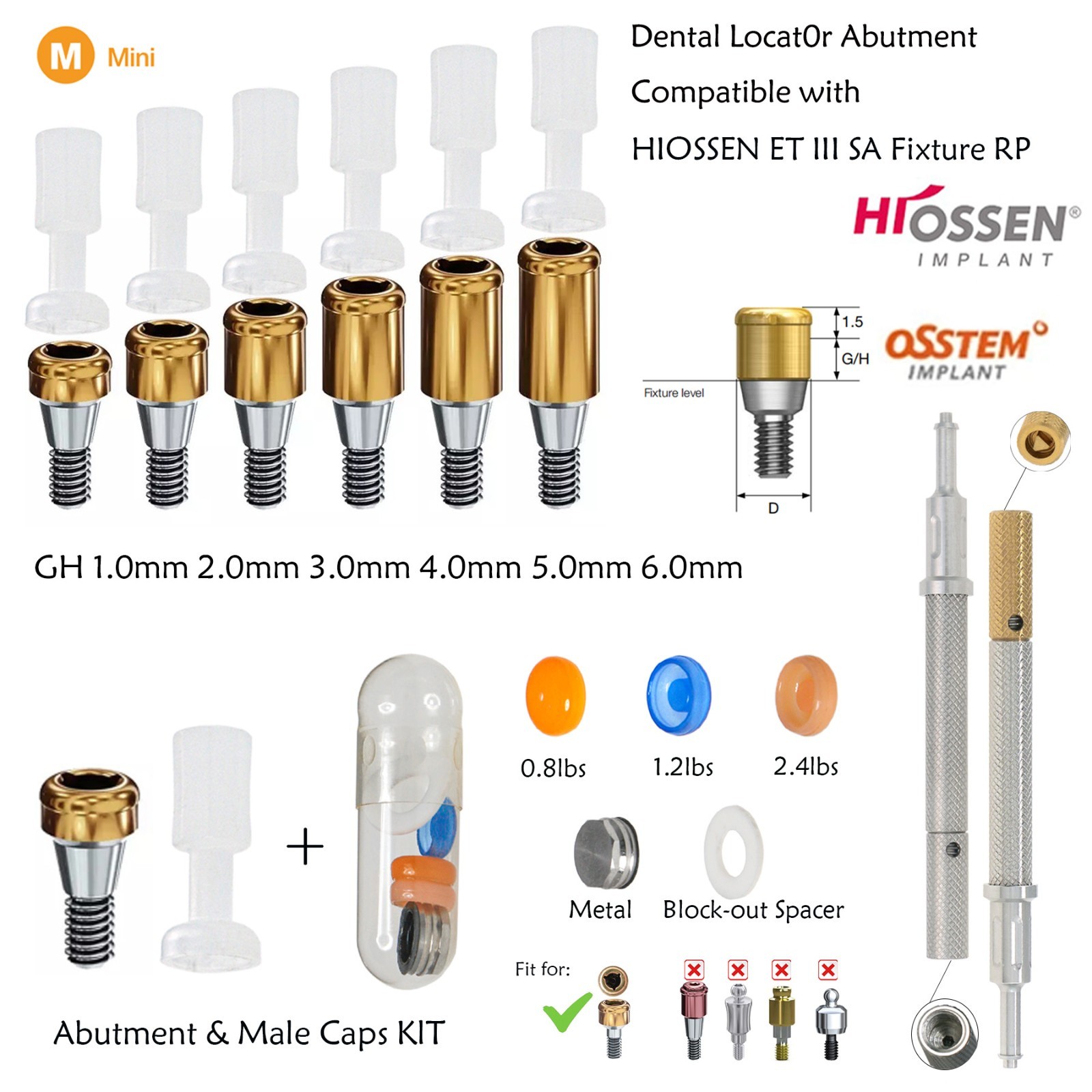 Dental Overdenture Zest Locator Abutment Male Cap for HIOSSEN Osstem M/R Platfor