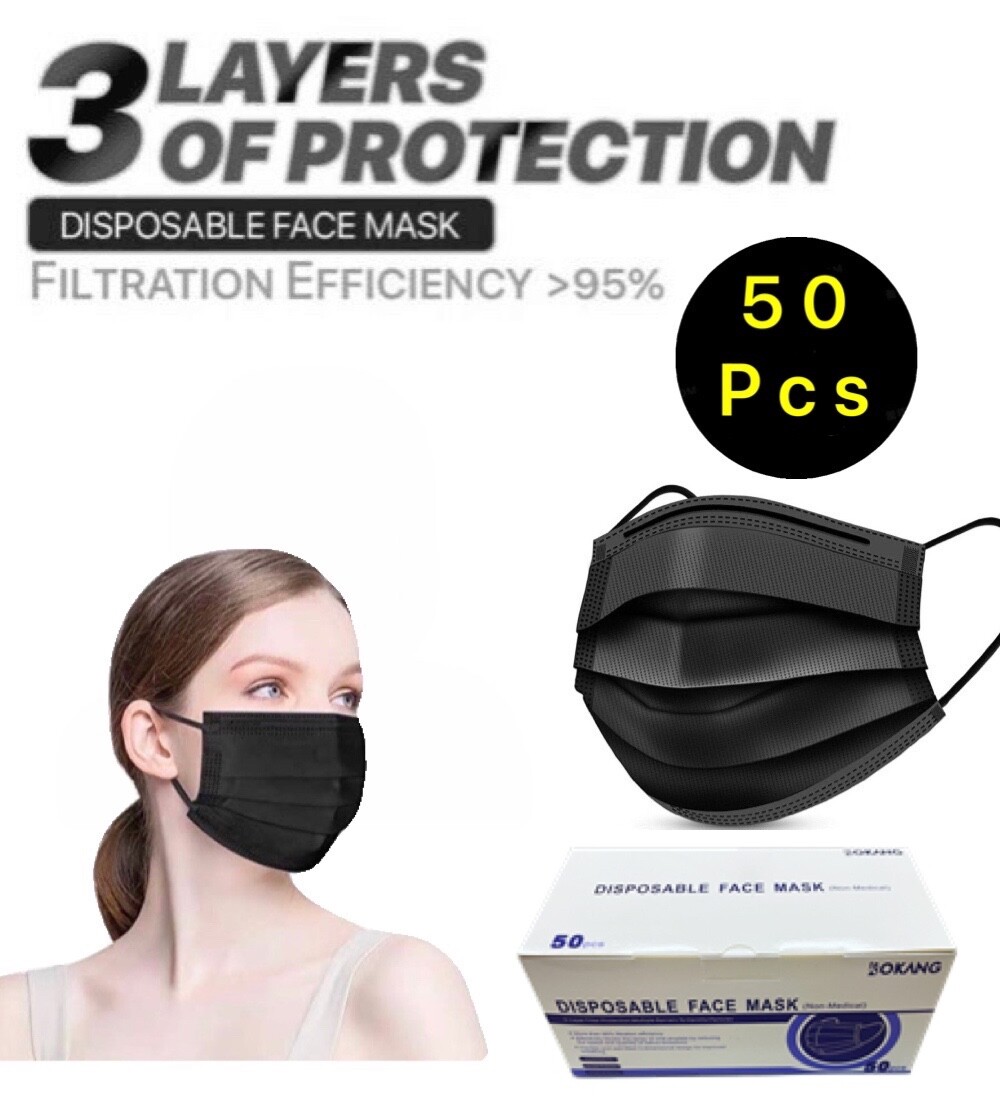 50 PCS 3-Ply Disposable Black Face Mask Non-Medical Earloop Mouth Cover