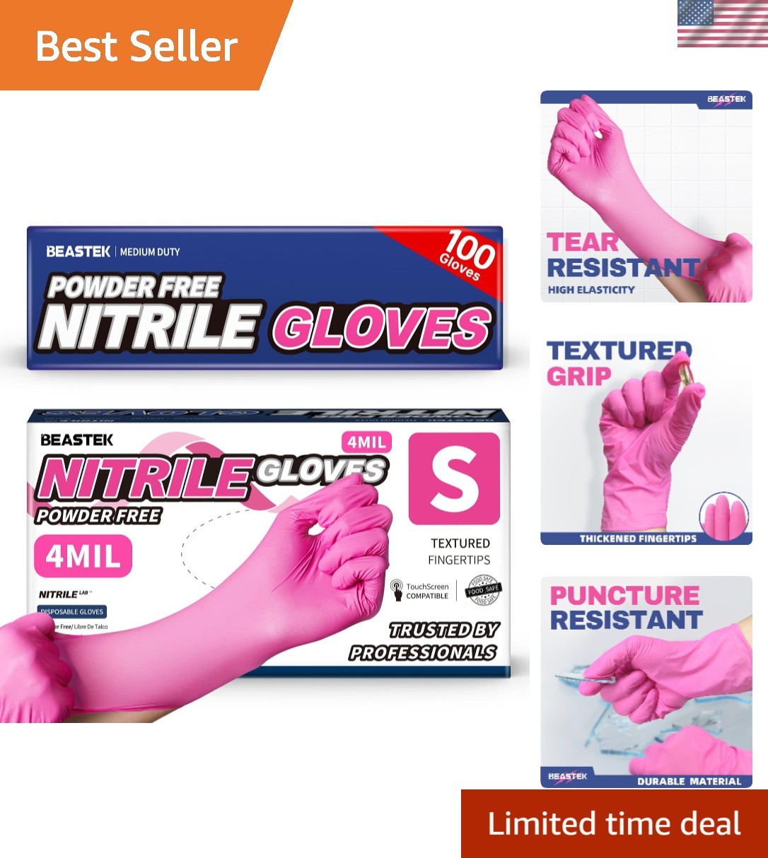 100Ct Hot Pink Nitrile Gloves – 4Mil, Powder-Free, Latex-Free for Multiple Uses