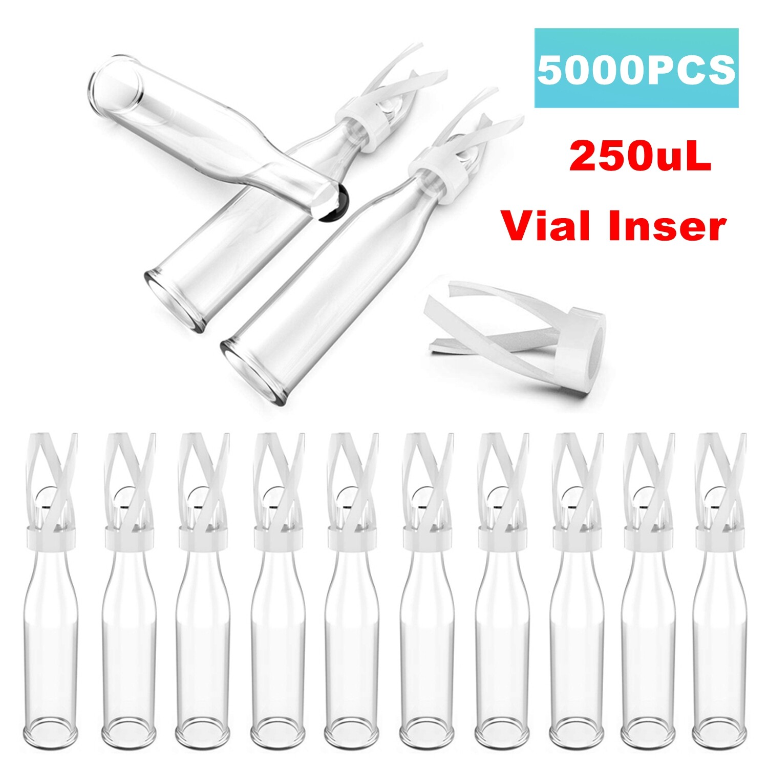5000pcs 250uL Vial Insert Clear Micro-Insert Glass Polyspring Bottom HPLC LAB GC