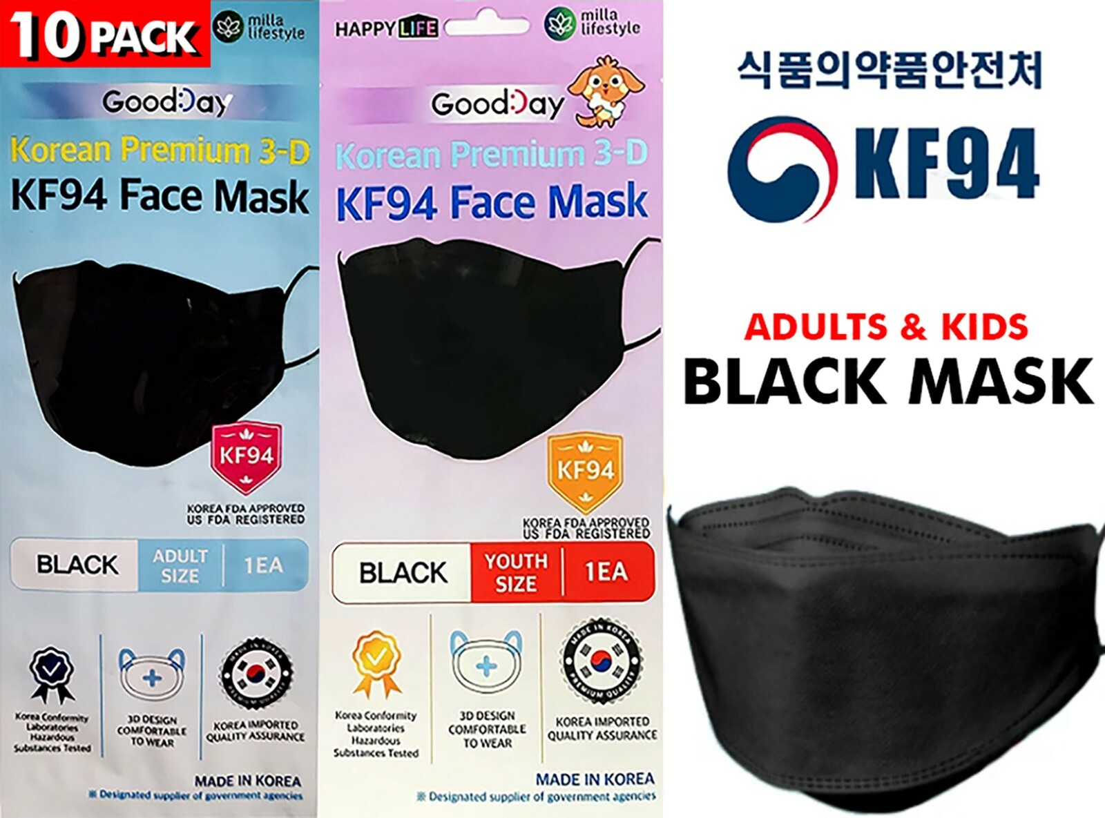Happy Life Adults & Kids KF94 BLACK Face Mask [ Made in Korea ] Medical Good Day