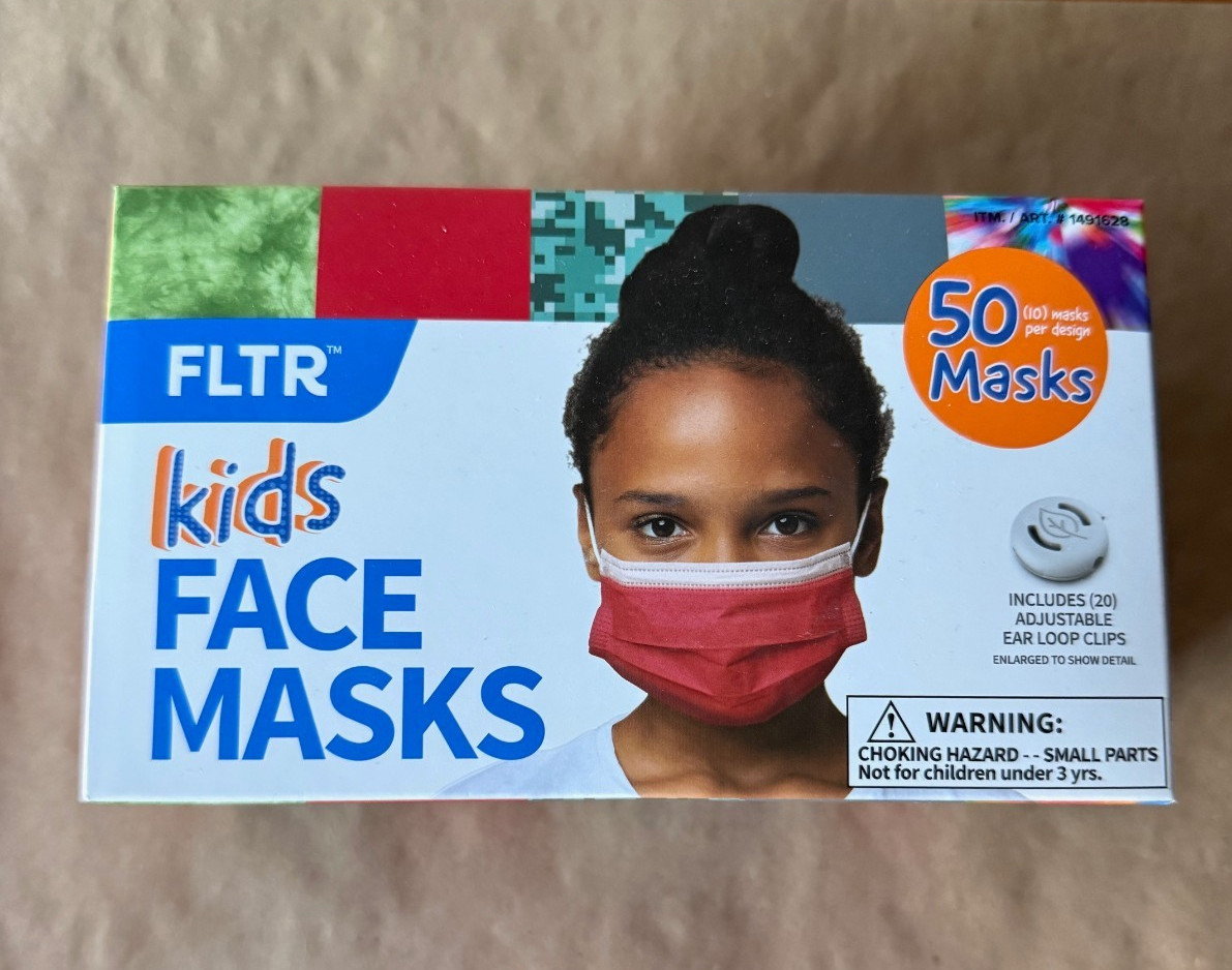 FLTR Kids Face Mask -50 Masks Includes 20 Adjustable Ear Loop Clips – NEW