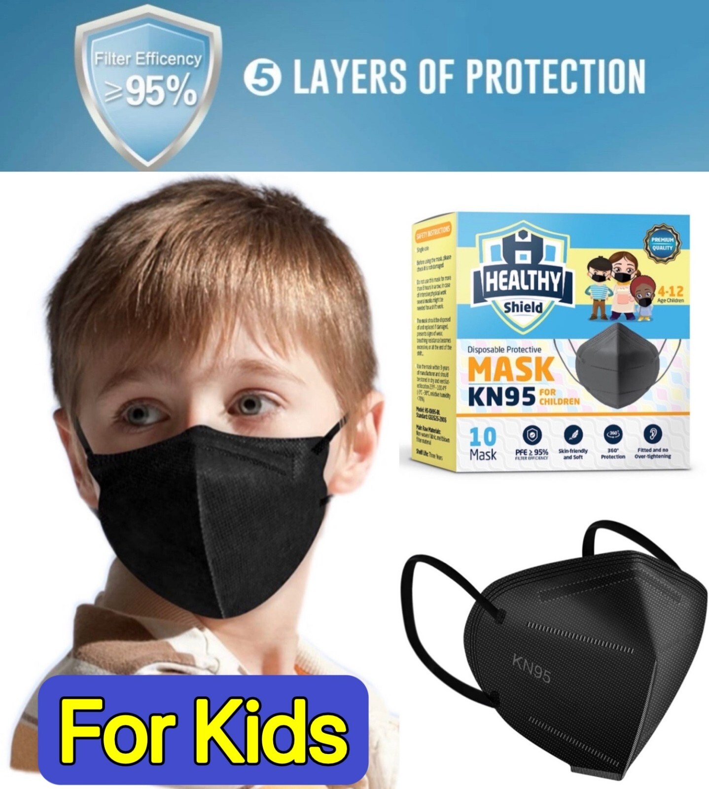 10/40 Pcs KN95 Protective 5 Layer Adult Black Face Mask BFE 95% Disposable Masks