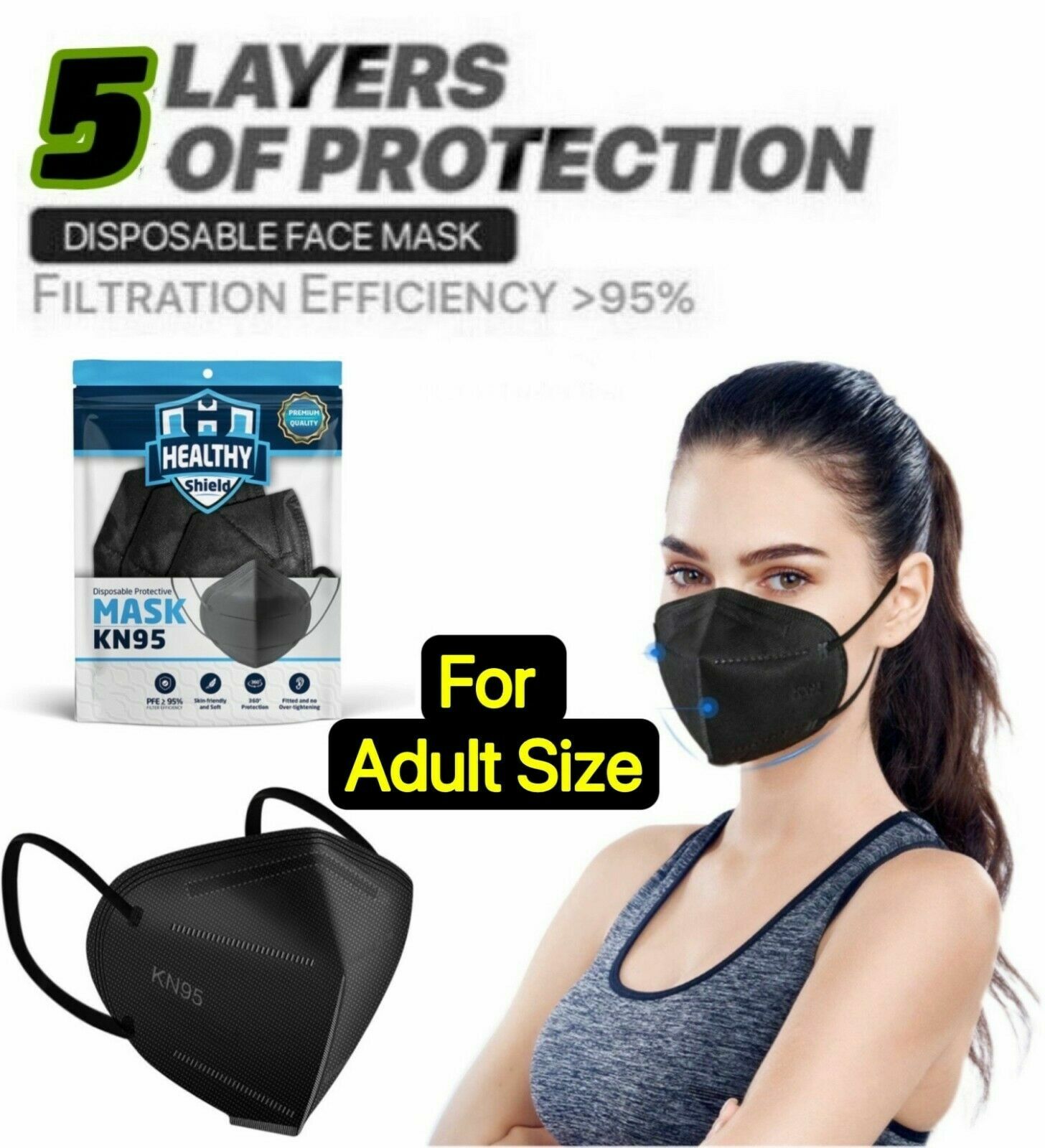10/50 Pcs Black KN95 Protective 5 Layer Kids Face Mask BFE 95% Disposable Masks
