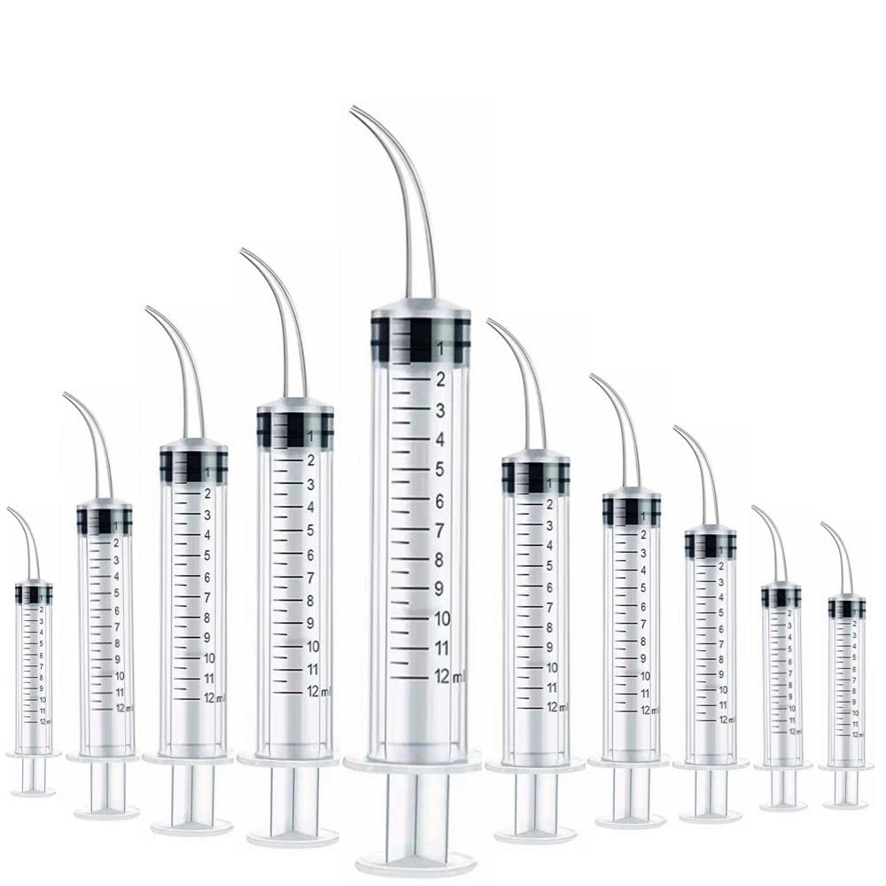 10 Pack Dental Syringes with Curved Tip Disposable Gradient 12ml, transparent