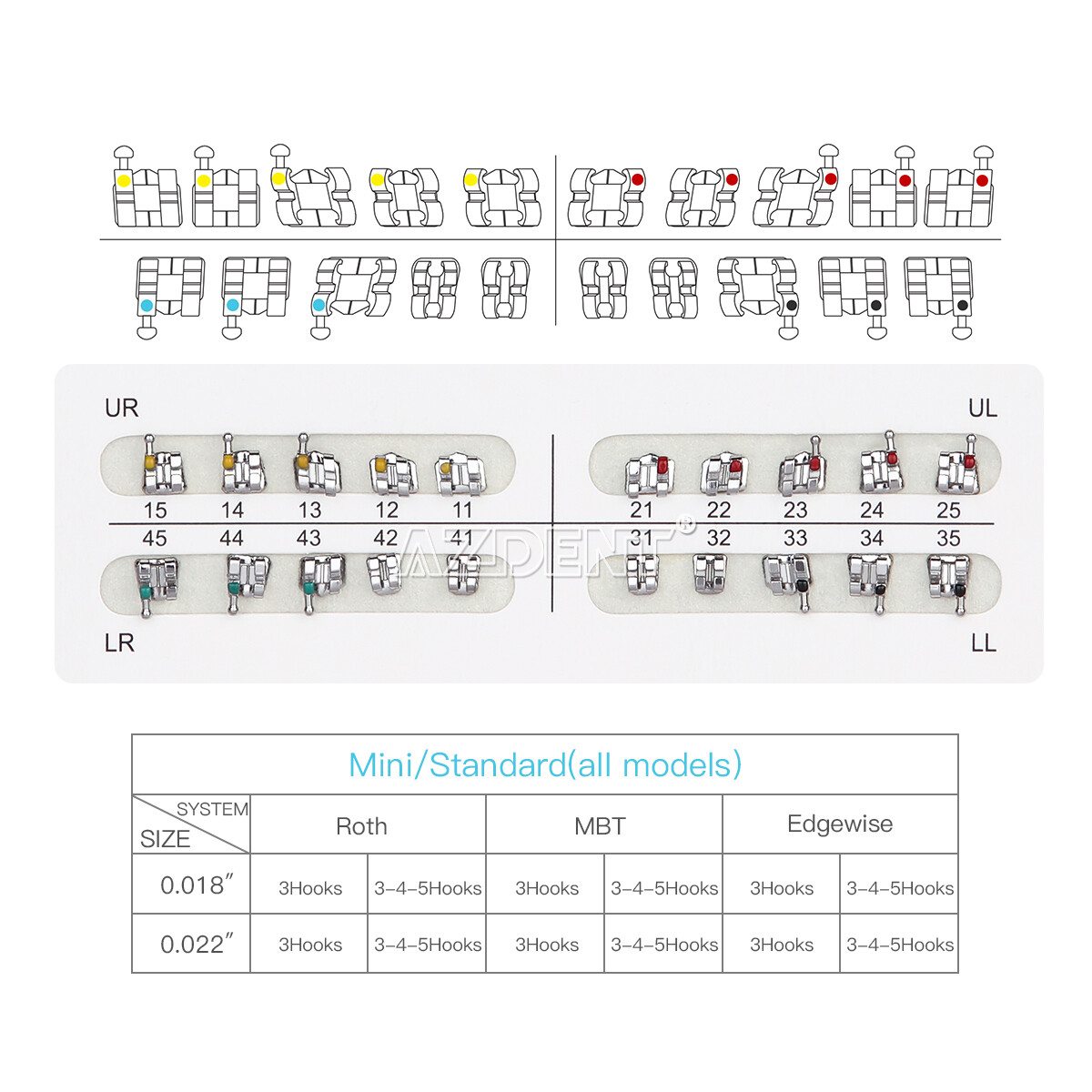 AZDENT Dental Orthodontic Brackets Braces Roth 0.022 Hooks 345 Ceramic /Metal