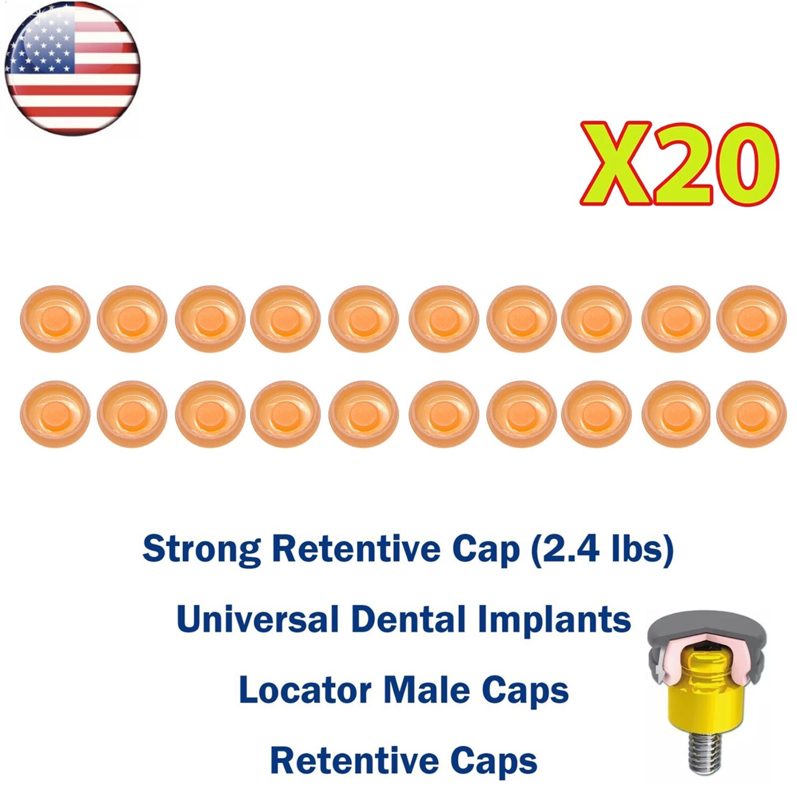 US 20Pcs Dental Overdenture Mini Retentive Caps 1.2/2.4lbs for Implants Locator