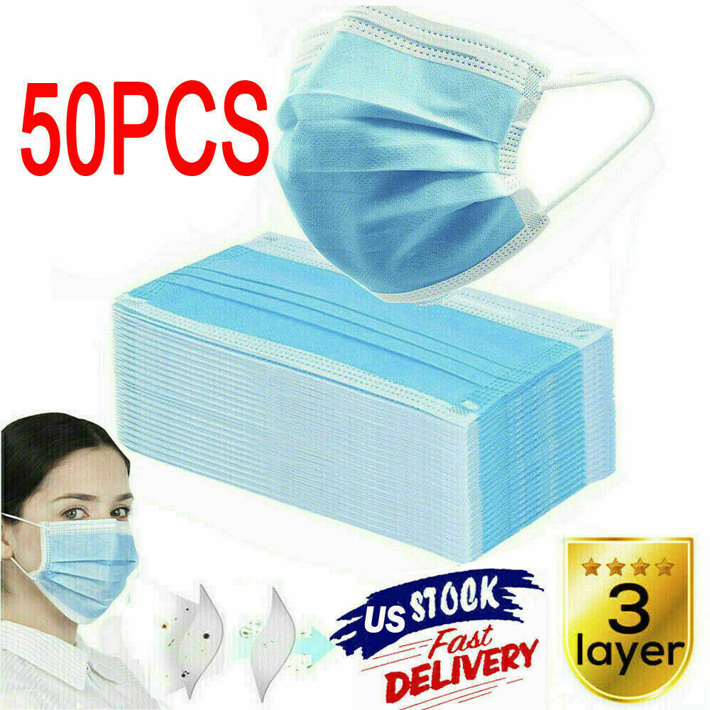 50pcs 3-Ply Layers Disposable Face Medical Surgical Mask Mouth Cover Shield PPE