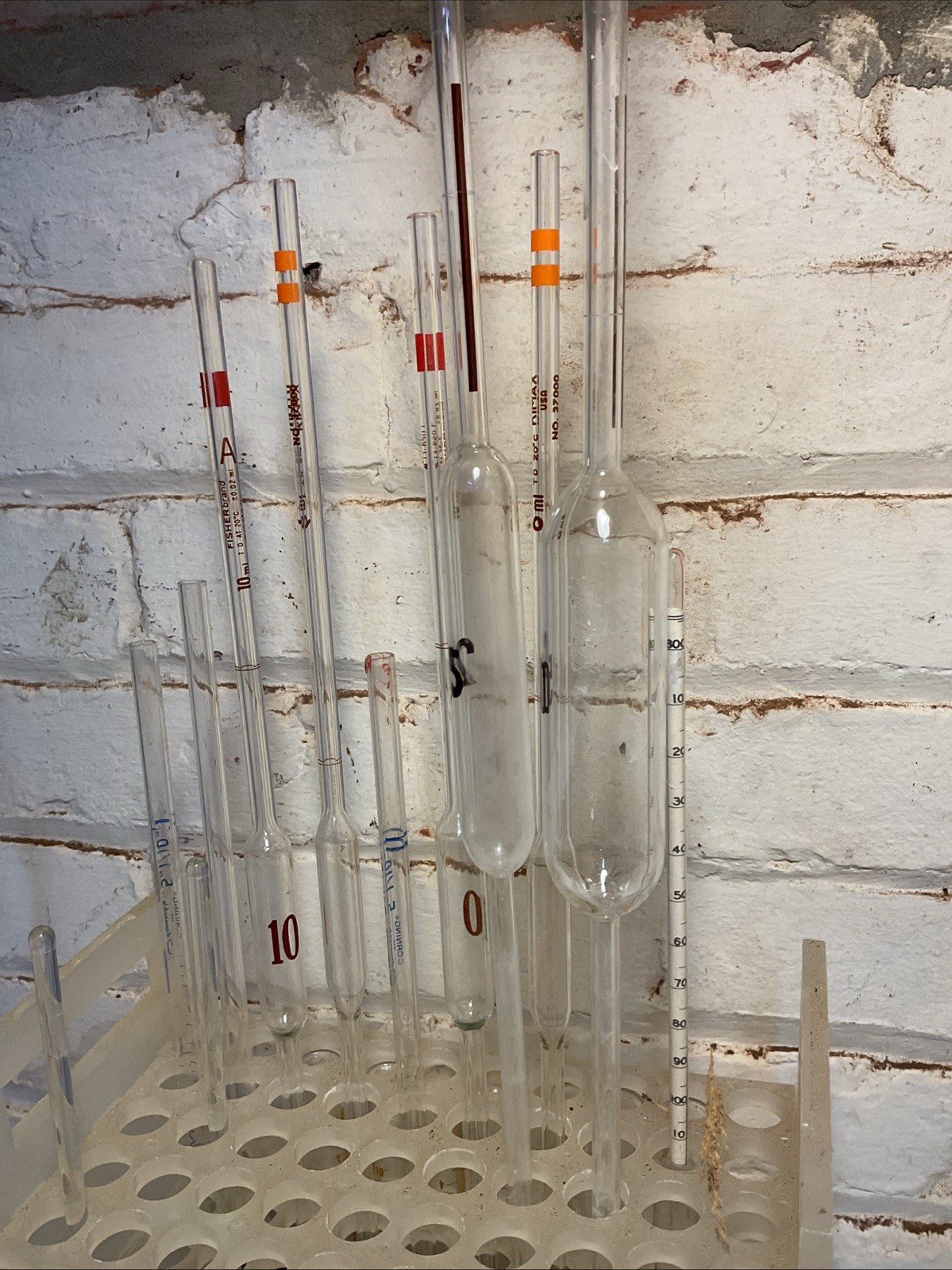 Lot of 10 Mixed sizes Pyrex USA Reusable Lab Glass Serological Pipettes, Funnel
