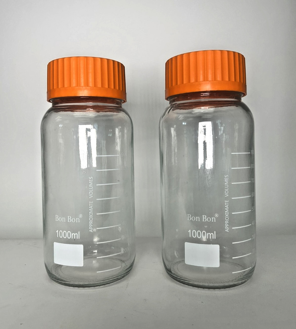 Lot of 2 BonBon 1000mL GLS80 Glass Lab Bottles – Wide Mouth – Orange Caps