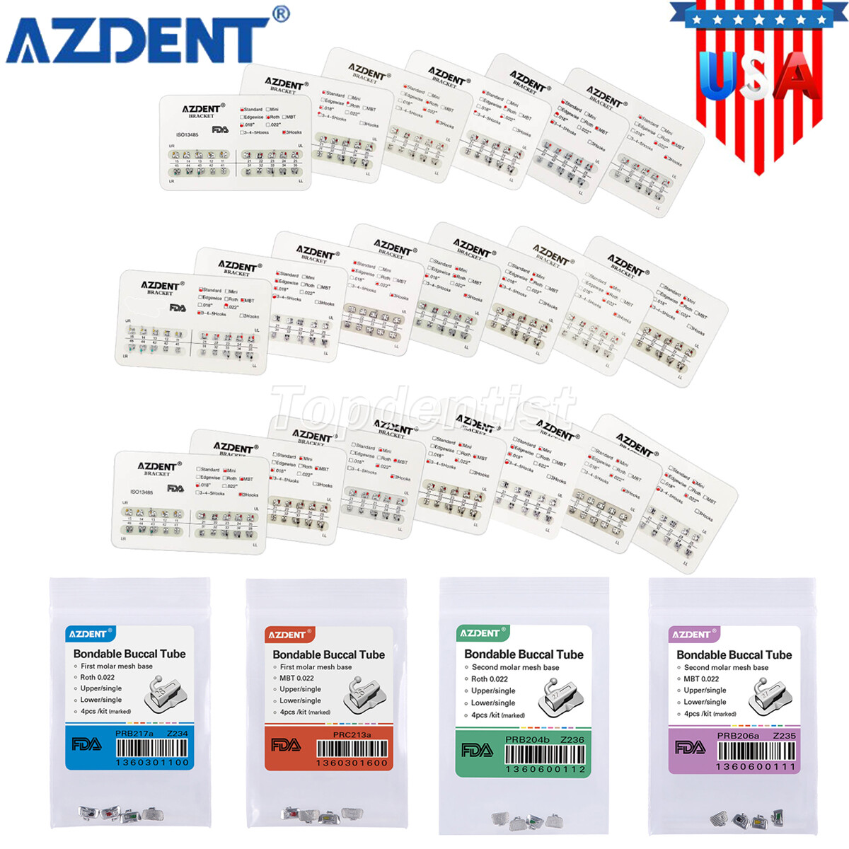 10Bag Dental Ortho Brackets Mini/Standard Roth/MBT.022 Hooks 345 /Buccal Tubes