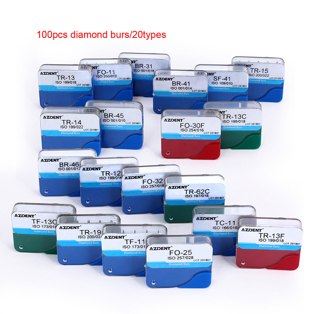 100pcs AZDENT Dental FG Diamond Burs Drills for High Speed Handpiece 20 Types