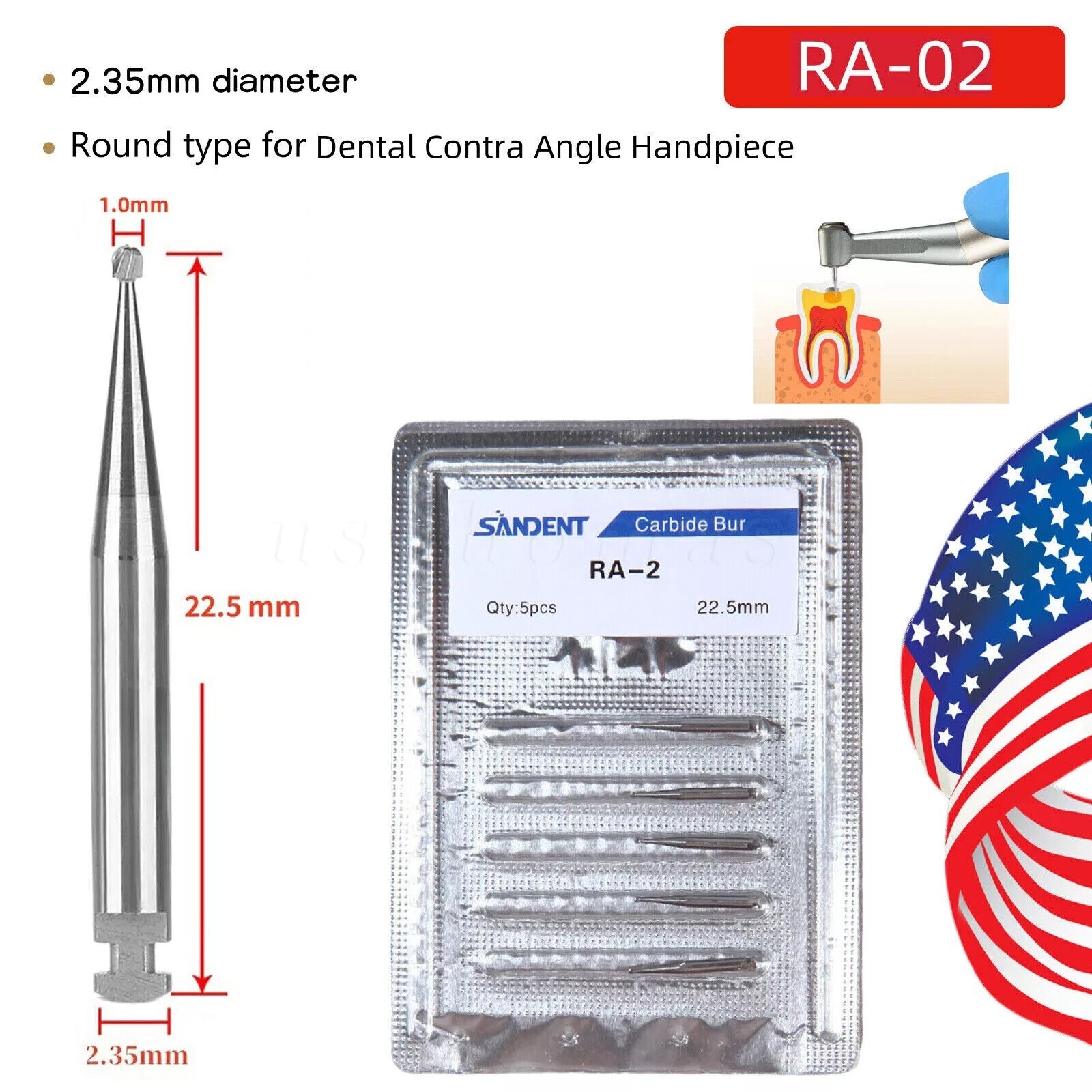 5 pcs/ pack Dental Tungsten Carbide Steel Burs for slow low handpiece RA-2 USA