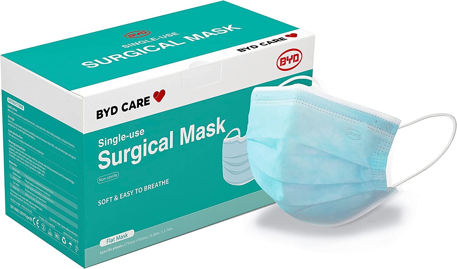BYD CARE Single-use Surgical Masks, One-size, green Box 50 PCS