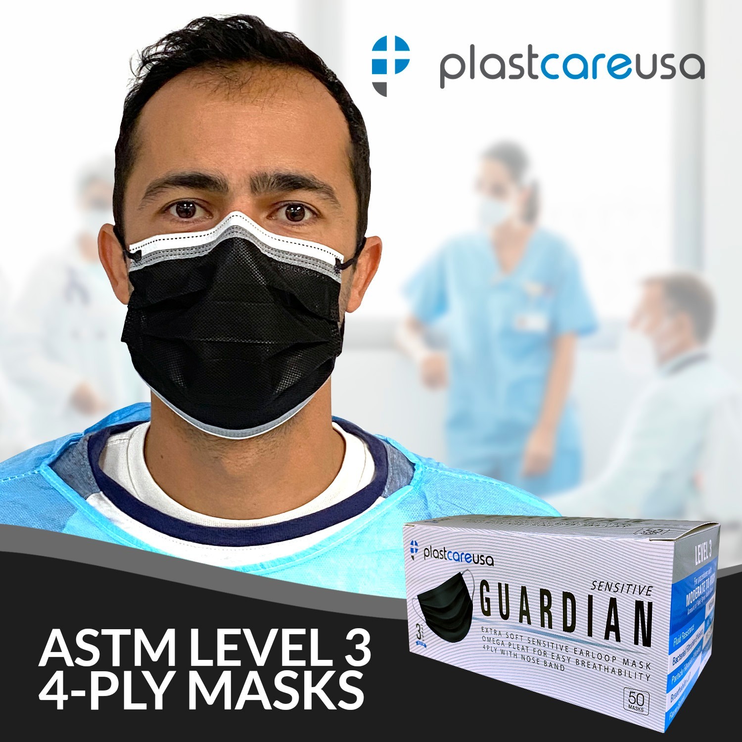 50 4-Ply ASTM Level 3 Black White Stripe Surgical Medical Masks by PlastCare USA