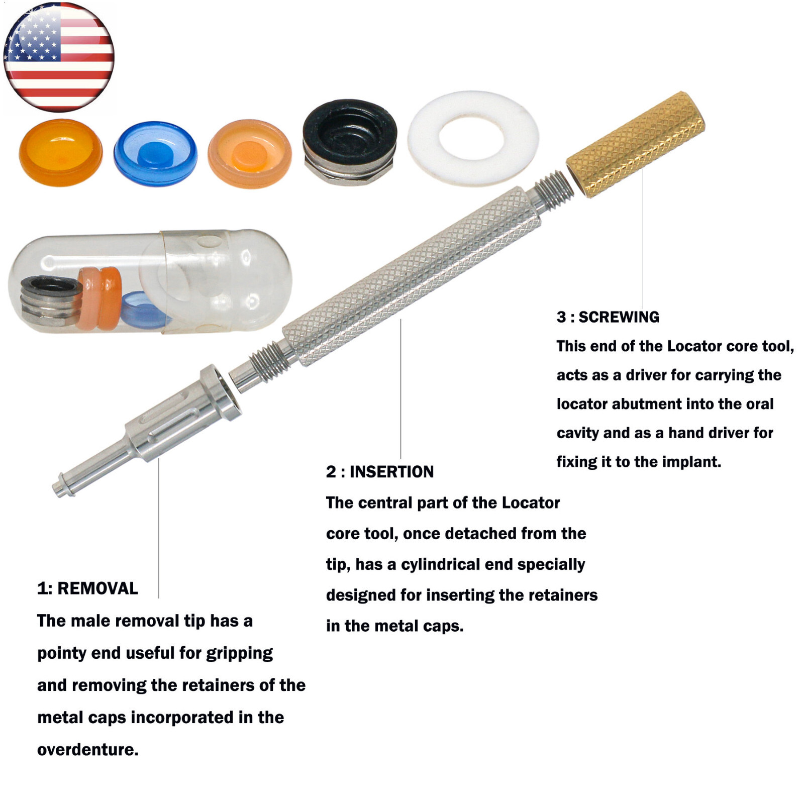 US Universal Implant Retention Caps Insertion Extraction Dental Remove Core Tool
