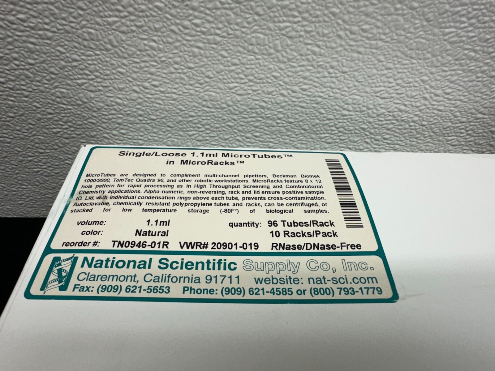 VWR Cat No 20901-019 Single Loose 1.1mL MicroTubes in MicroRacks