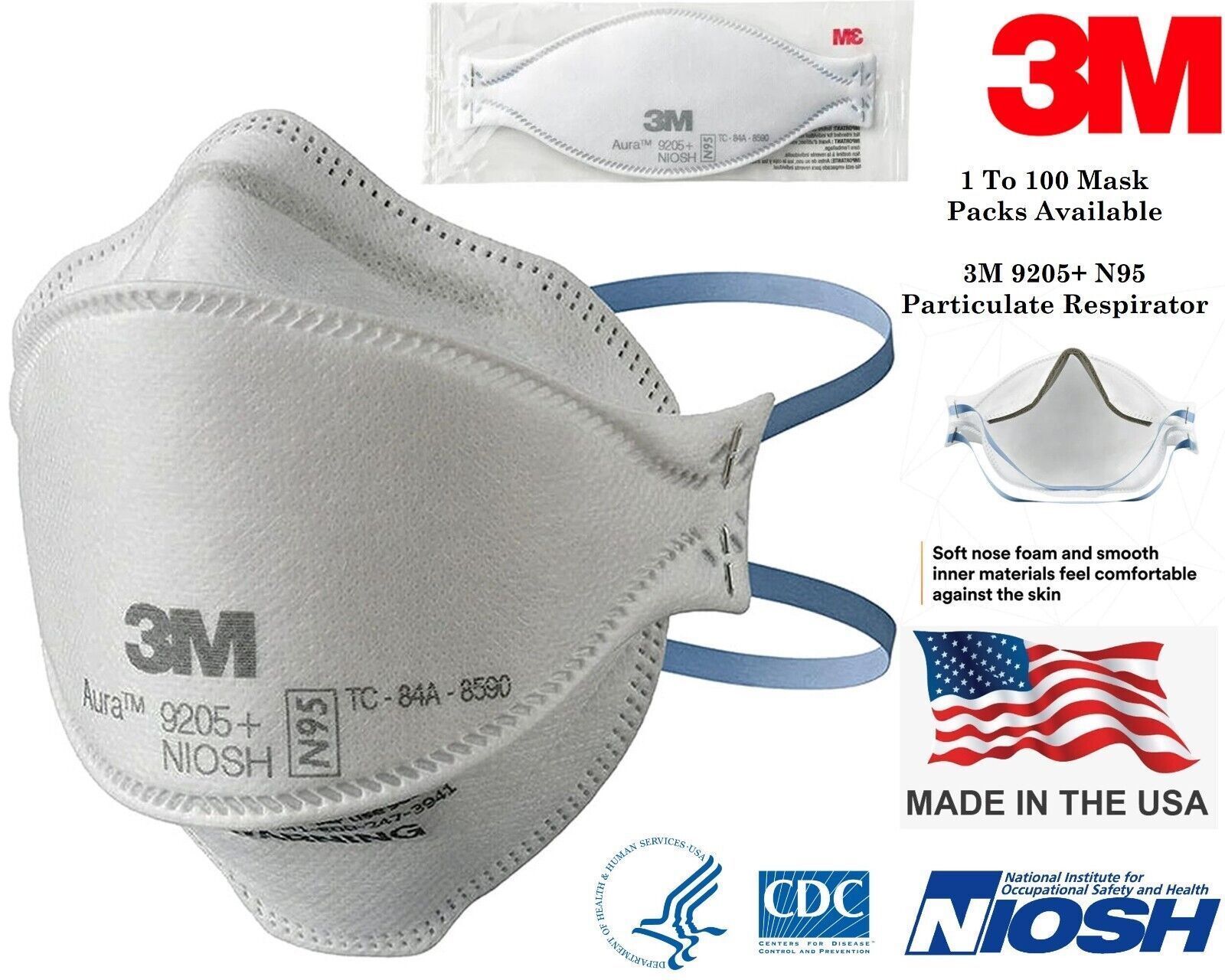 3M N95 Aura 9205+ 20 Masks NIOSH Approved N95 Particulate Respirator