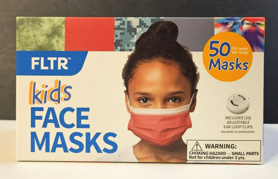 New Box of 50 Kids Face Masks w/20 Adjustable Ear Loop Clips by FLTR