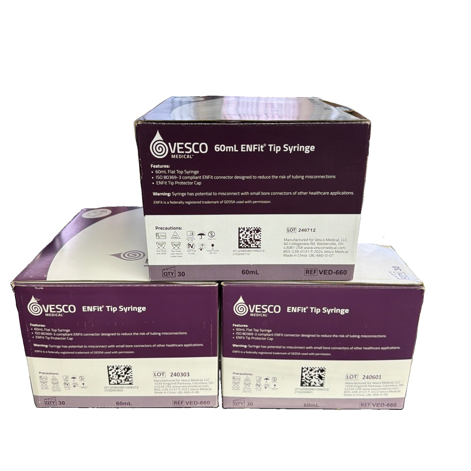 New Vesco Medical ENFIT Tip Syringe 60ML VED-660 (85 Total 3 Boxes)