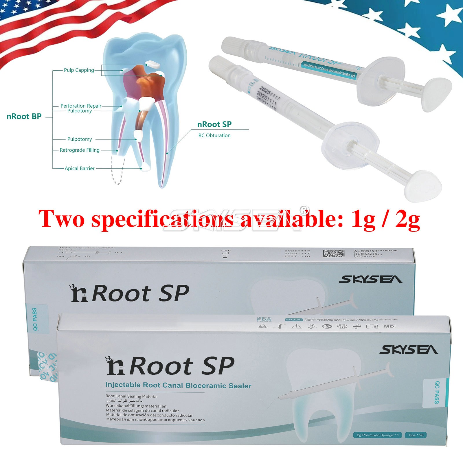 nRoot SP Dental Flow Bioceramic Root Canal Sealer 1/2gm Syringe+10/20 Tips fo