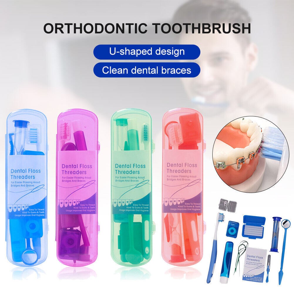 7 Pcs/Box Dental Teeth Oral Cleaning Care Orthodontic Kits Brush Floss 4 Colors