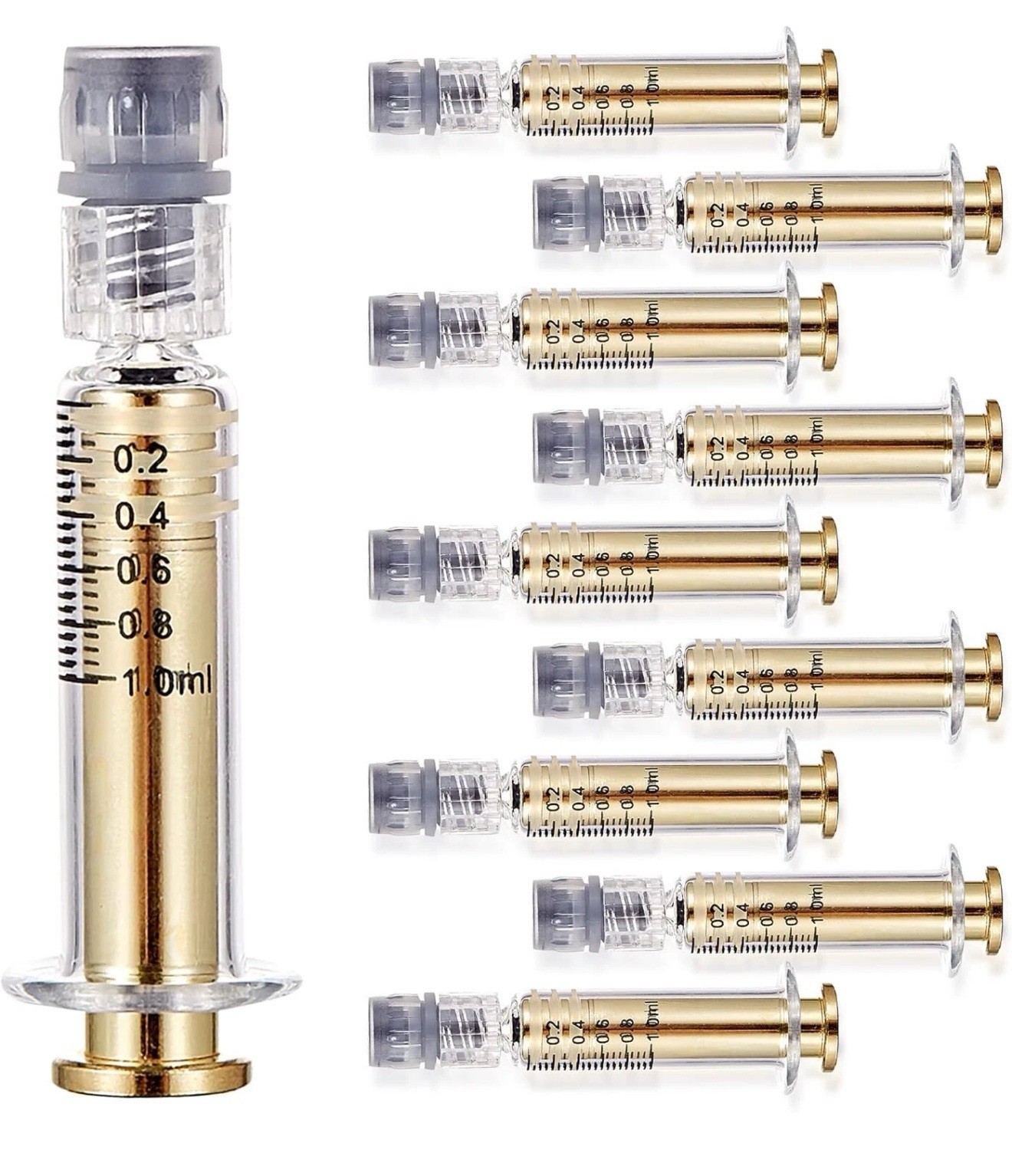 Premium 10/20pcs 1ml Borosilicate Metal Glass Syringe -Gold/Silver/Clear For Oil