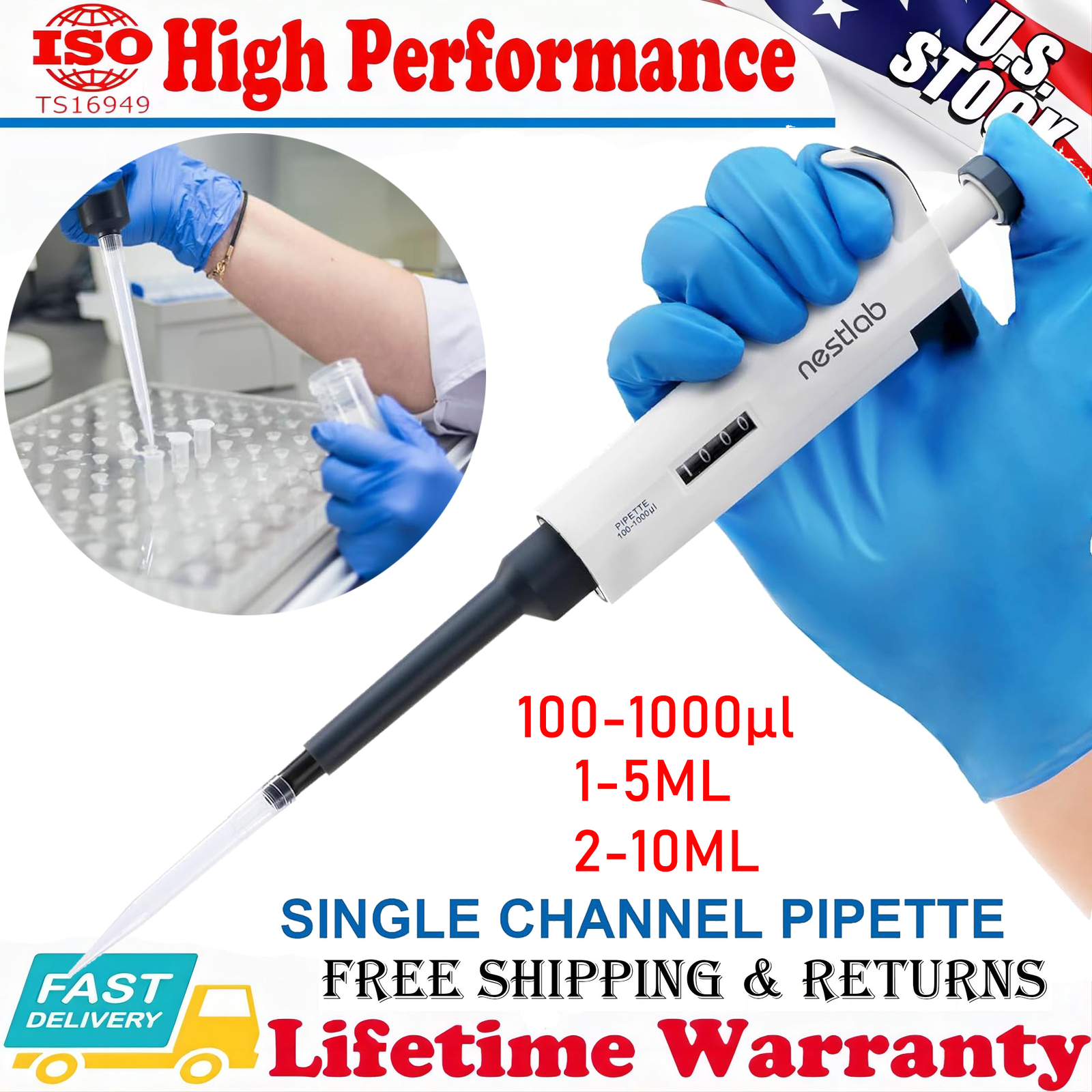 Autoclavable Single Channel Pipette Adjustable Volume Lab Micropipette Pipettors