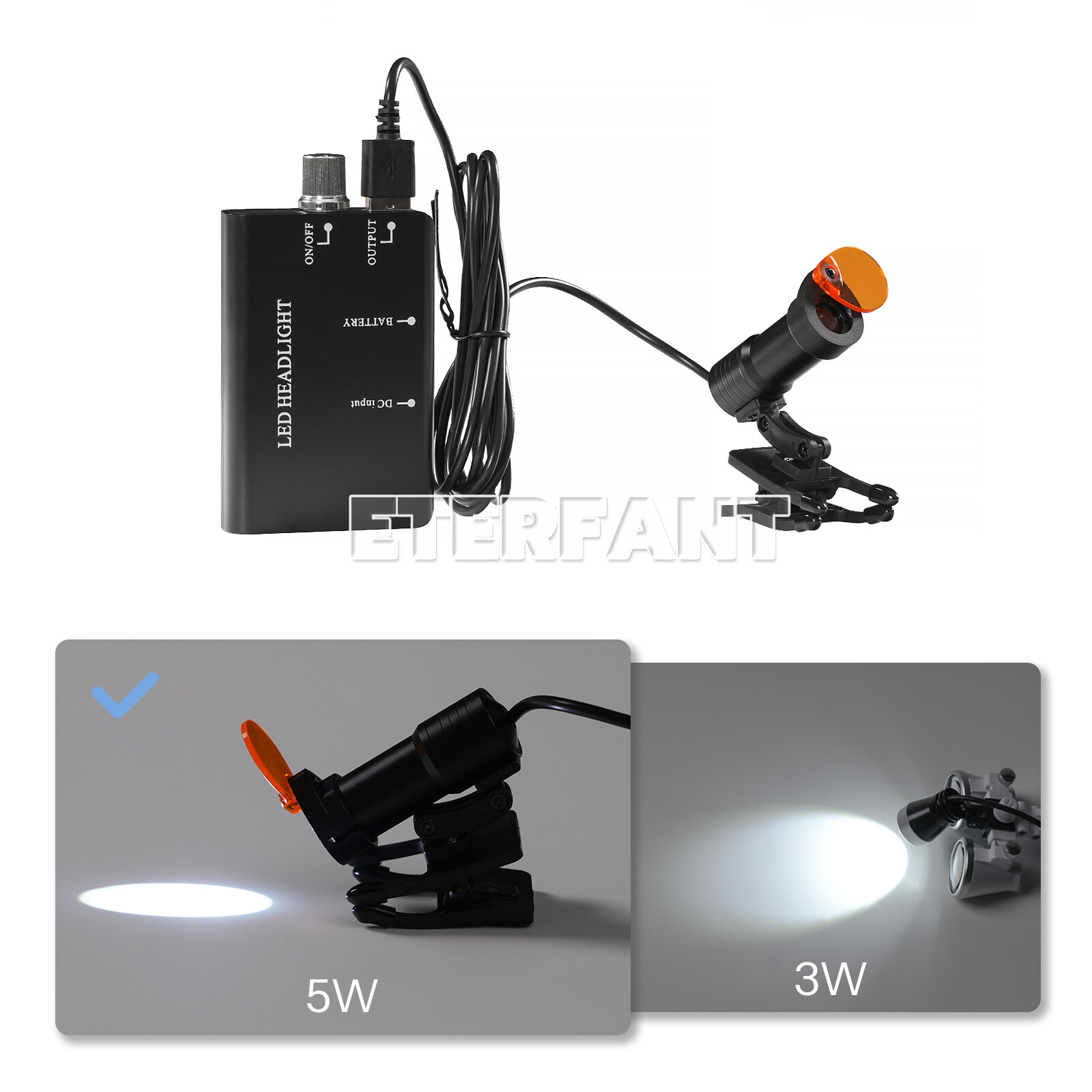 ETERFANT 5W LED Headlight Lamp Dental Metal Clip w/Filter for Binocular Loupe