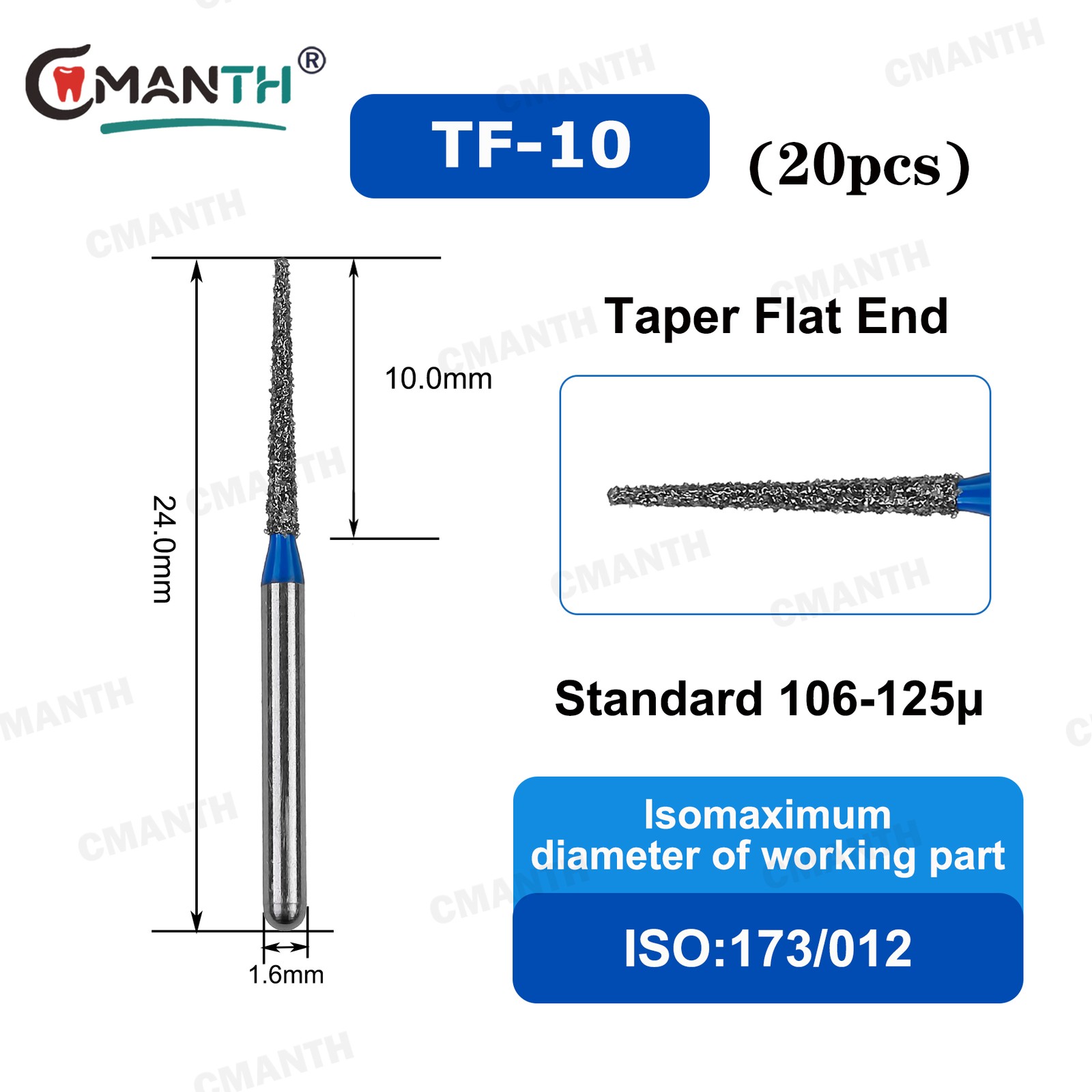 Dental Diamond Burs Taper Flat Burs High Speed Handpiece FG Friction Grip 20PCS