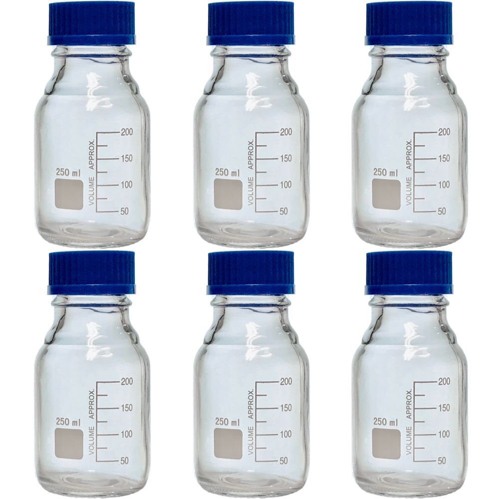 250ml Glass Media Bottle, Round, GL45 Screw Cap Karter Scientific 251L5 (Pack 6)