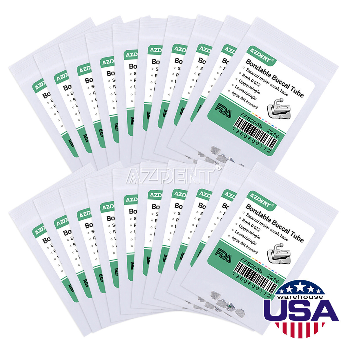 50X AZDENT Dental Bondable Buccal Tubes 022 Roth 2nd Molar Non-Con