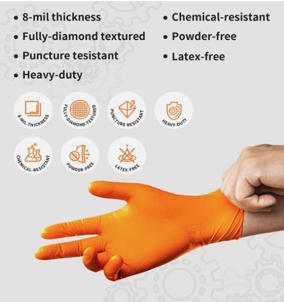 Lavex Pro Orange Heavy-Duty Nitrile Gloves — 8 Mil, Powder-Free Diamond-Textured