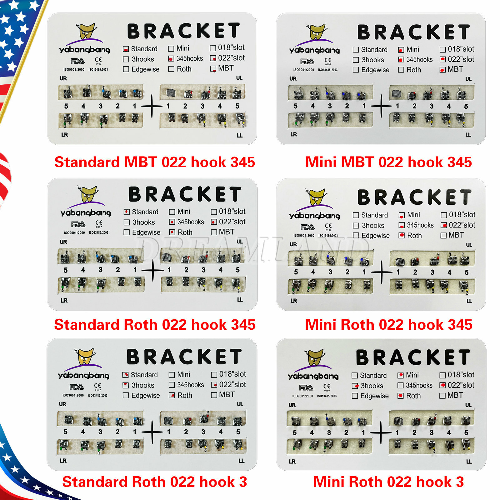 Orthodontic Dental Brackets Braces Mini Standard Roth MBT.022 345 3 Hooks