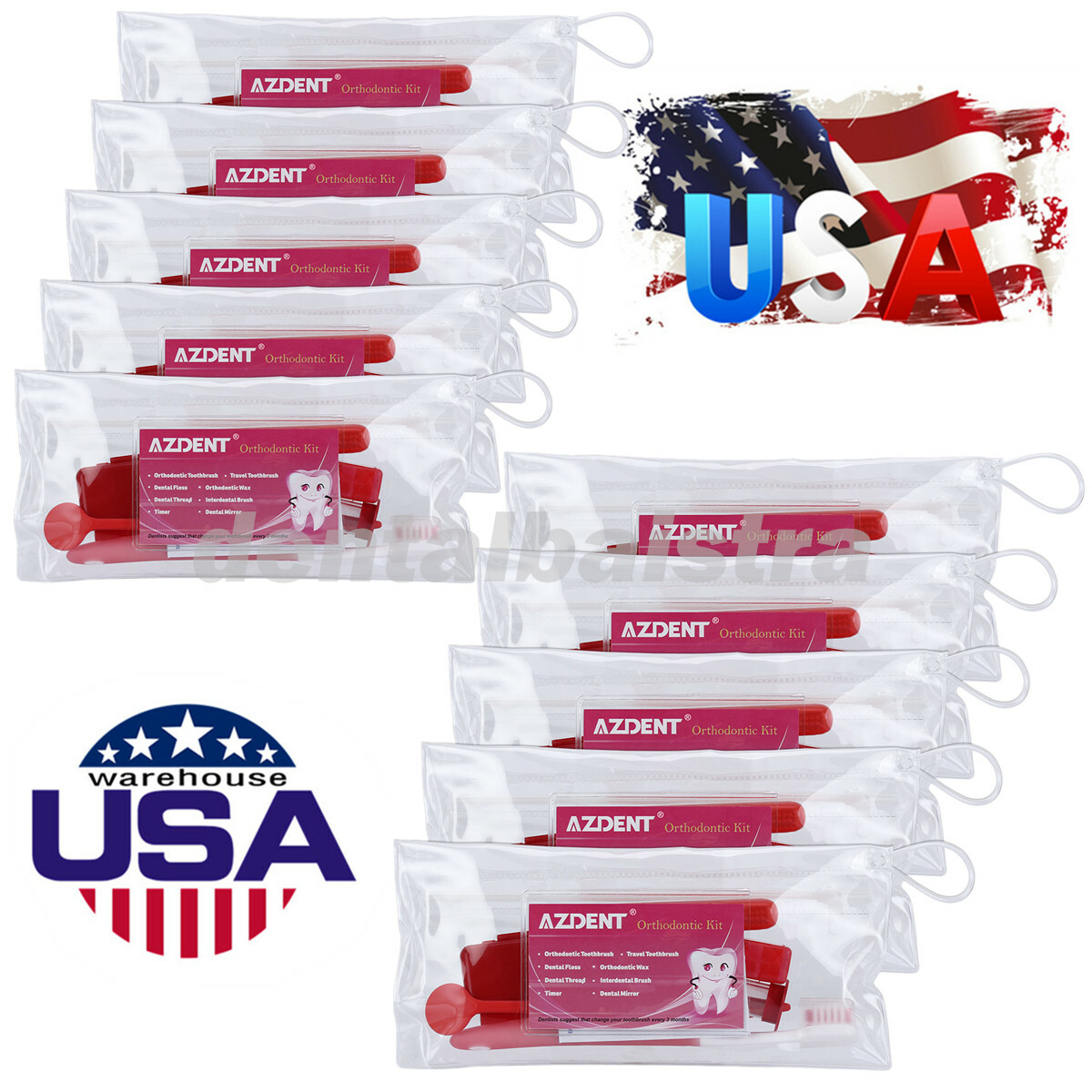 10X AZDENT Dental Ortho Brush Floss Thread Teeth Oral Cleaning Care Red Kit