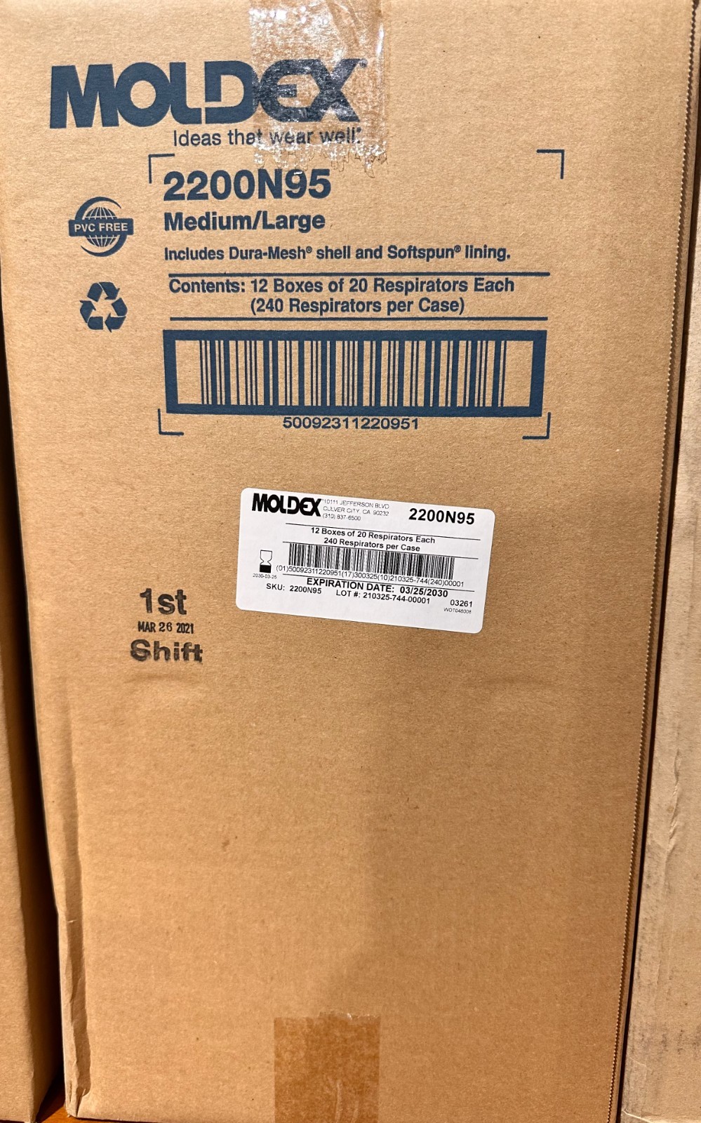 Moldex 2200 N95 Particulate Respirator MD/LG Dust Particle Masks BX of 20 Masks