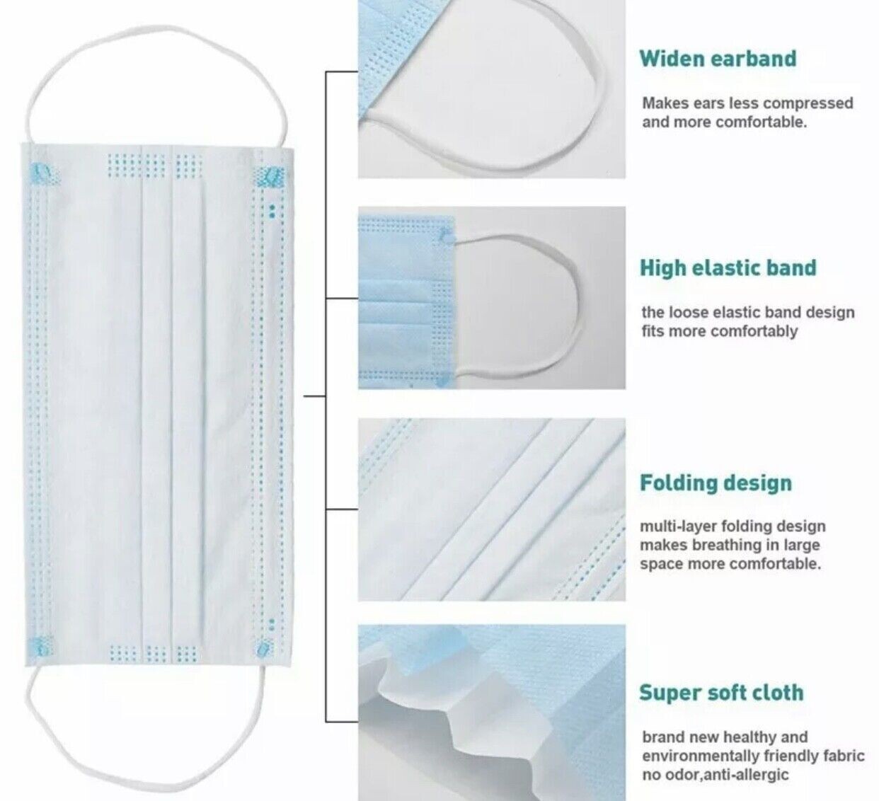 Disposable Face Masks (50pc) 3-Layers, Ear Loop Type, Blue. Free Shipping