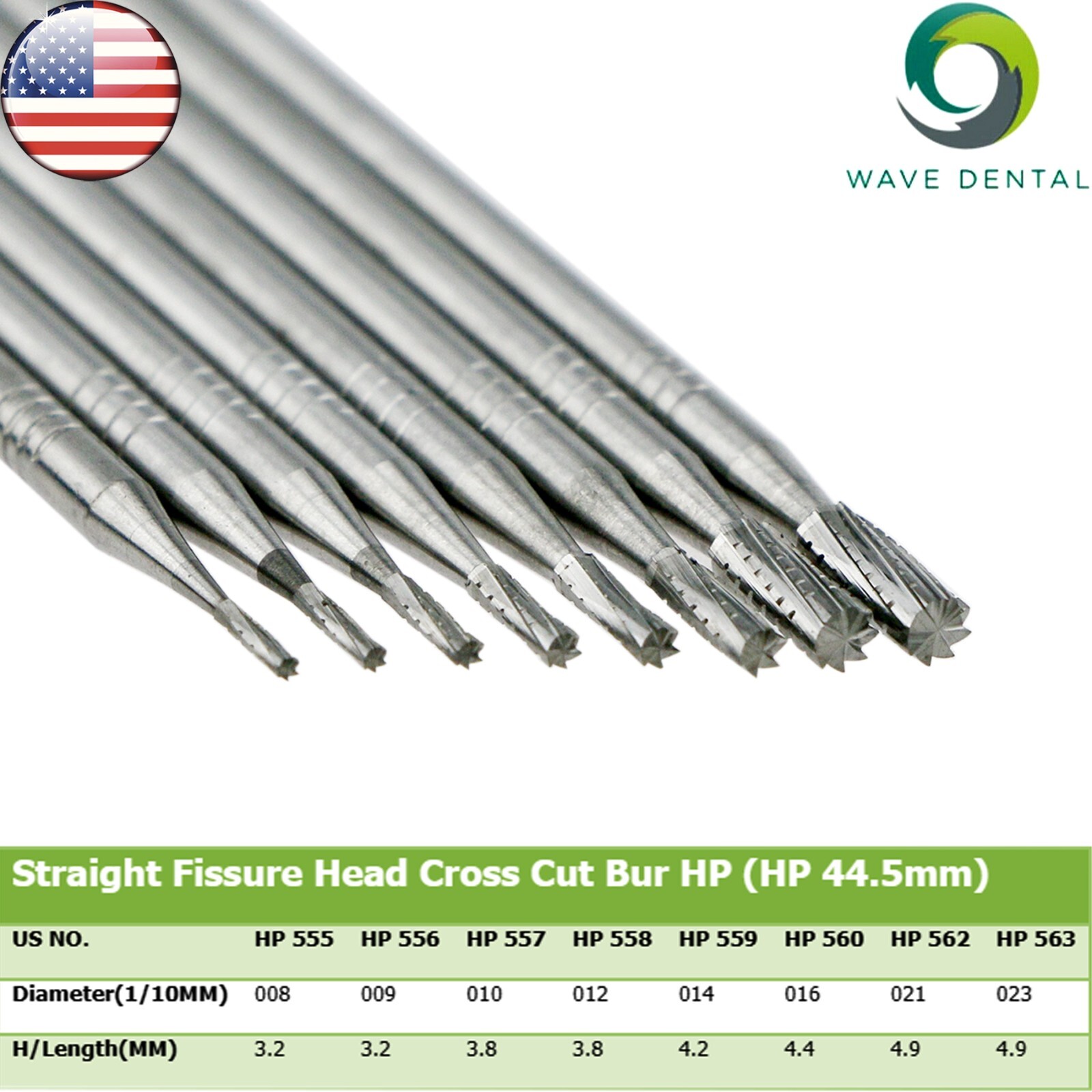 US 10 Pcs WAVE Dental Tungsten Carbide Bur Straight Fissure HP 555 – 563 Prima