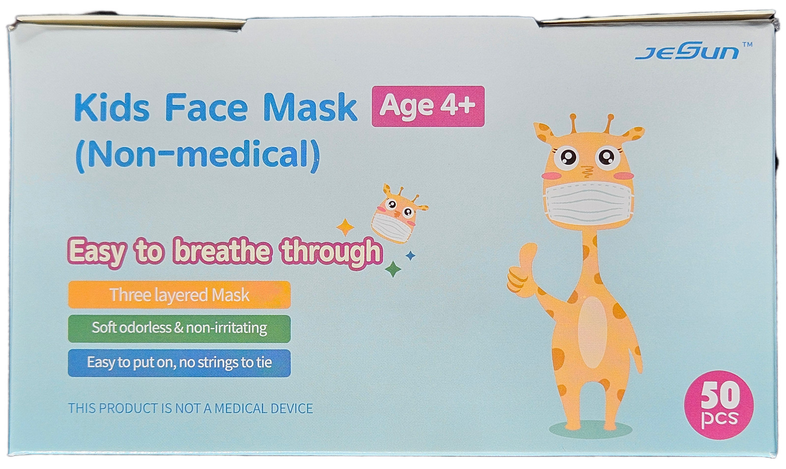 50 Kids Face Masks – 3 Layers, Disposable, White (1 Box)