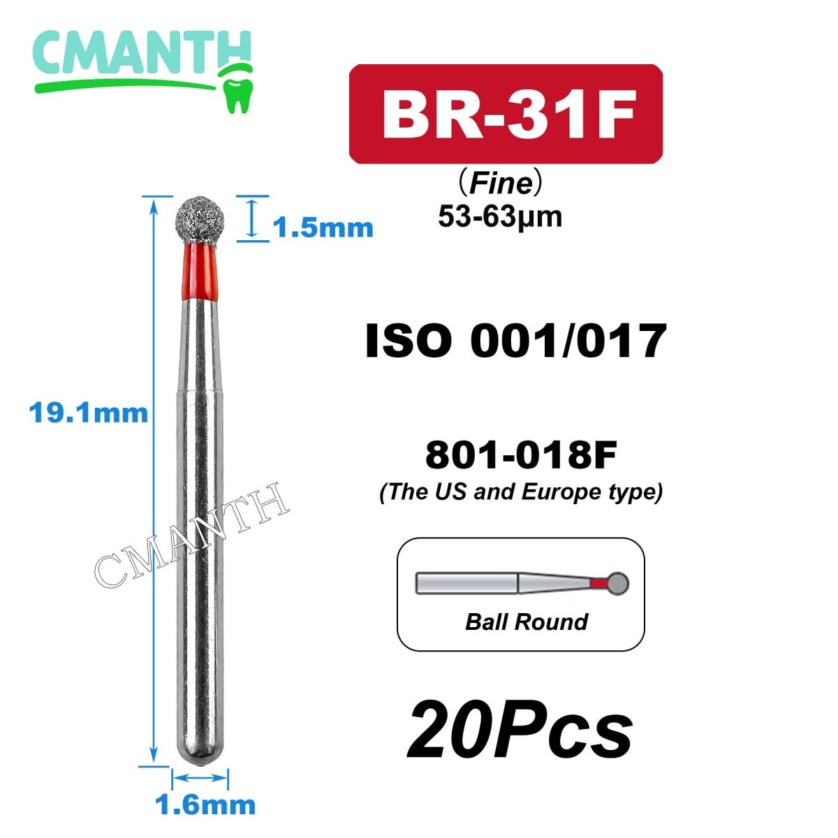 US BR Type Dental Diamond Burs Dentistry Strawberries High Speed Bur 1.6mm 20Pcs