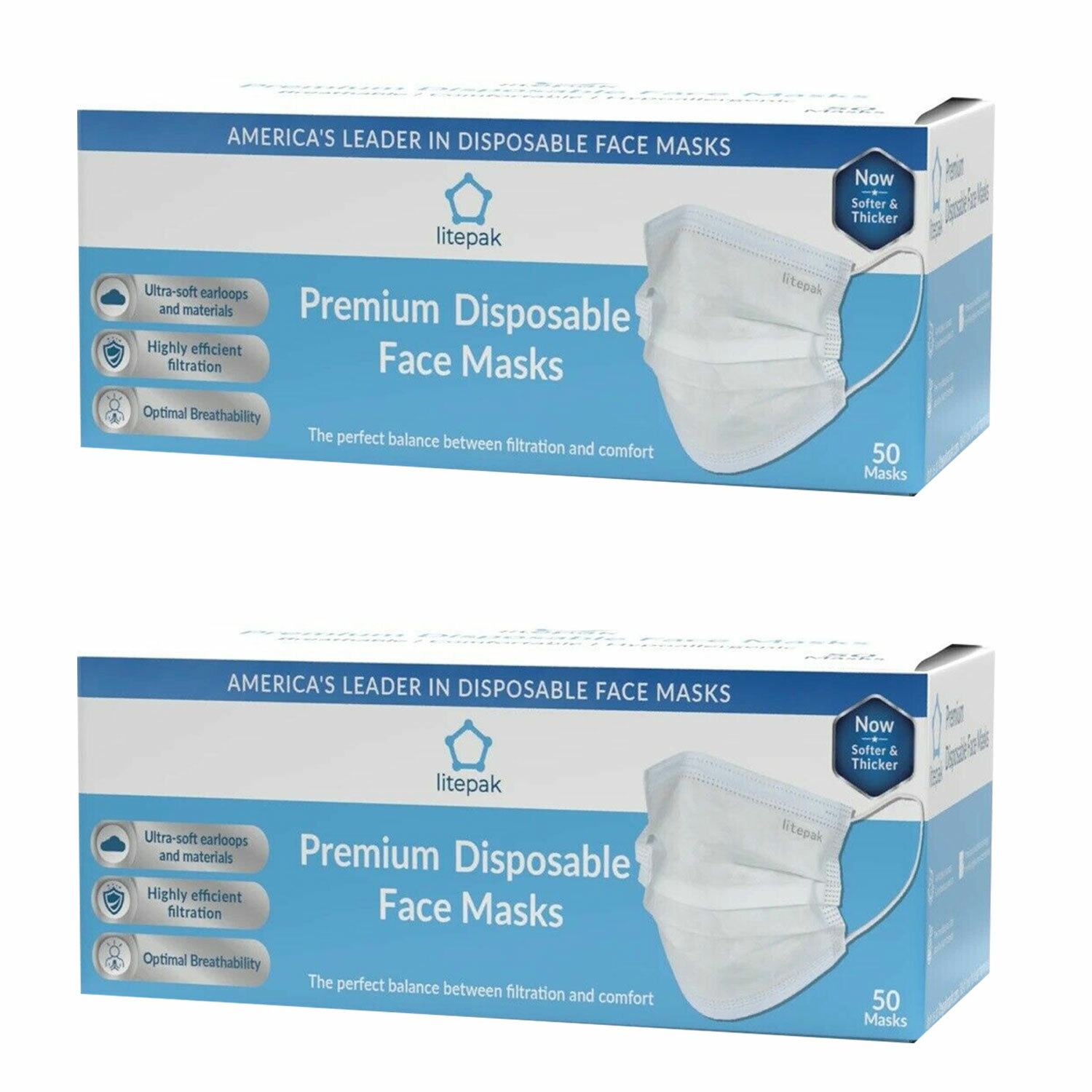 100pcs Litepak White Disposable 3 Ply Face Mask SOFT Earloop Premium Mouth Cover