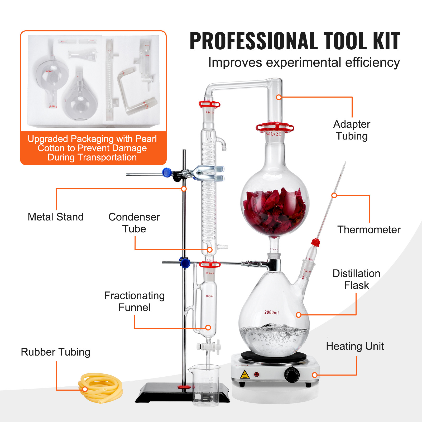 VEVOR 2L Essential Oil Steam Distillation Kit Distillation Apparatus 28 pcs Set