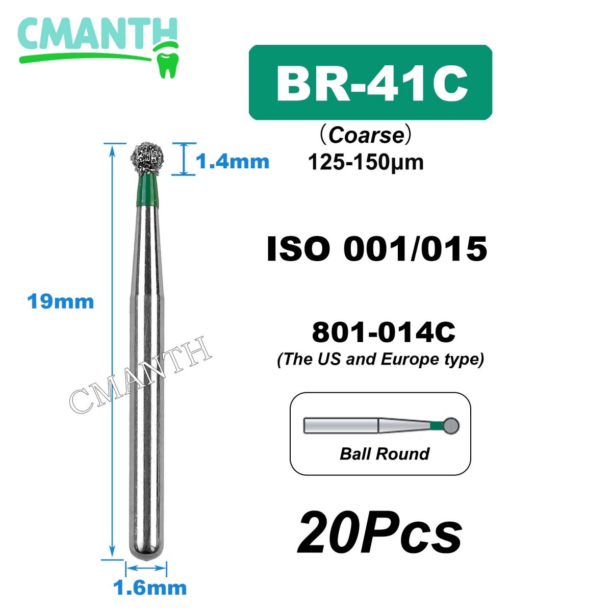 US BR Type Dental Diamond Burs Dentistry Strawberries High Speed Bur 1.6mm 20Pcs